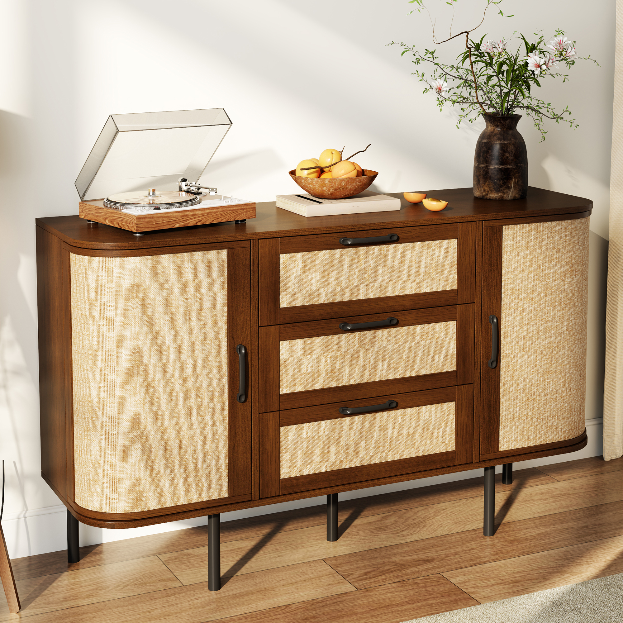 Meuble TV Bas Dimensions 120 x 40 x 82 cm Capacité Stockage 2 Compartiments Portes 3 Tiroirs Profonds