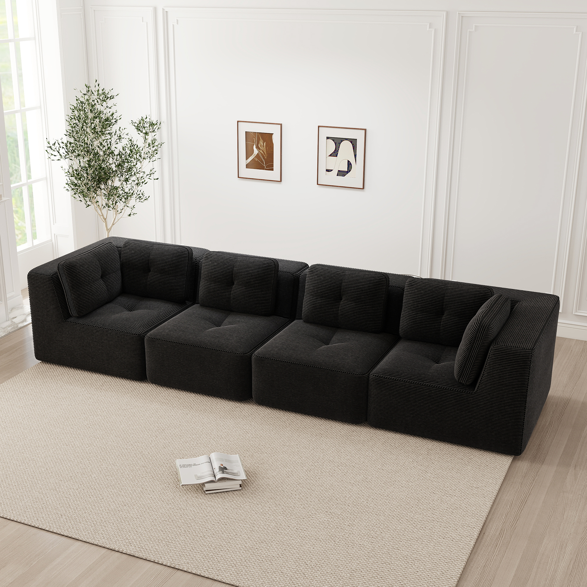 Canapé Modulable 4 Places Noir, Dimensions 386x104x69 cm, Profondeur de Siège 74 cm, Design Minimaliste Moderne pour Grand Salon