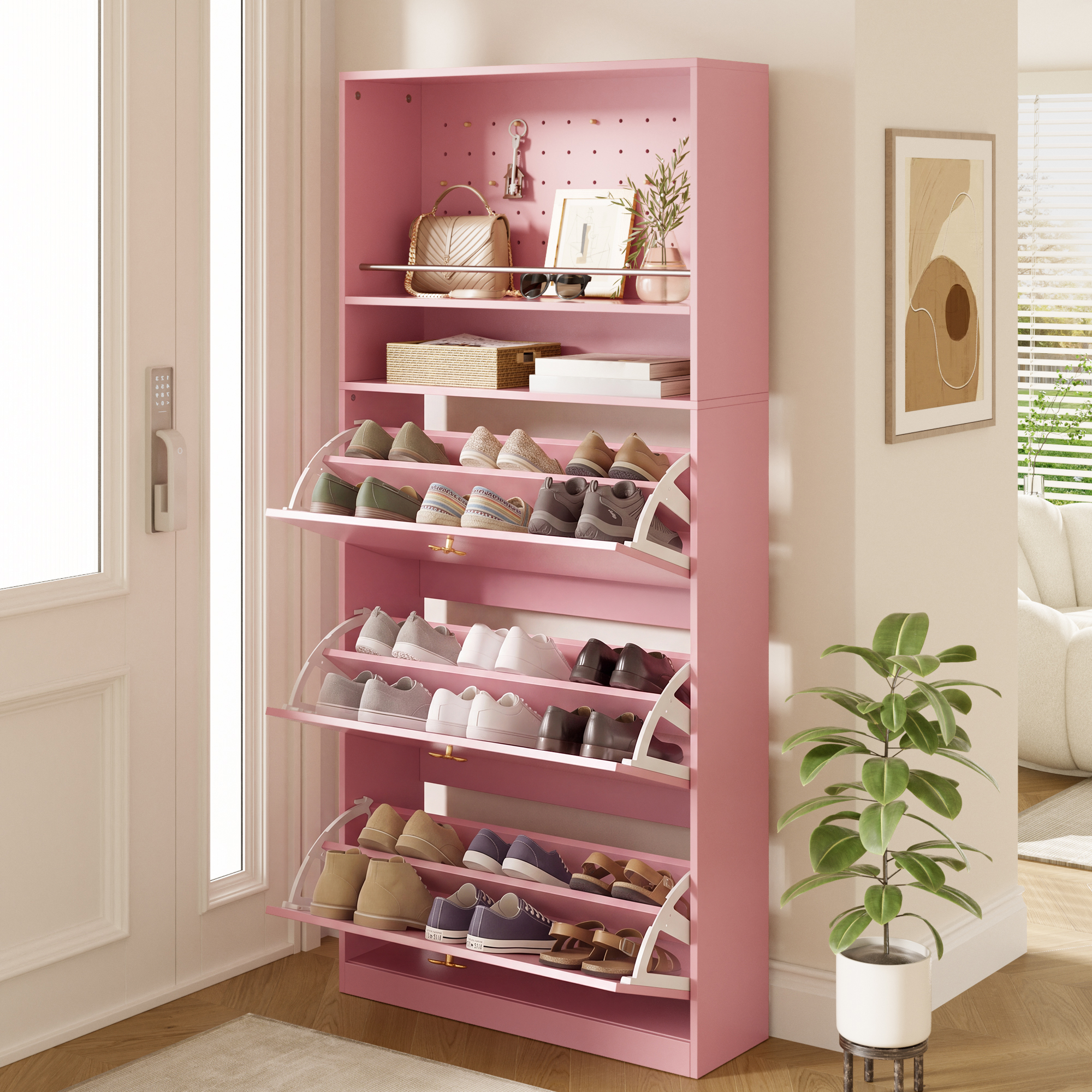 Meuble à chaussures étroit rose avec portes pliantes et porte-clés perforée, Idéal entrée appartement, 80x24x178 cm