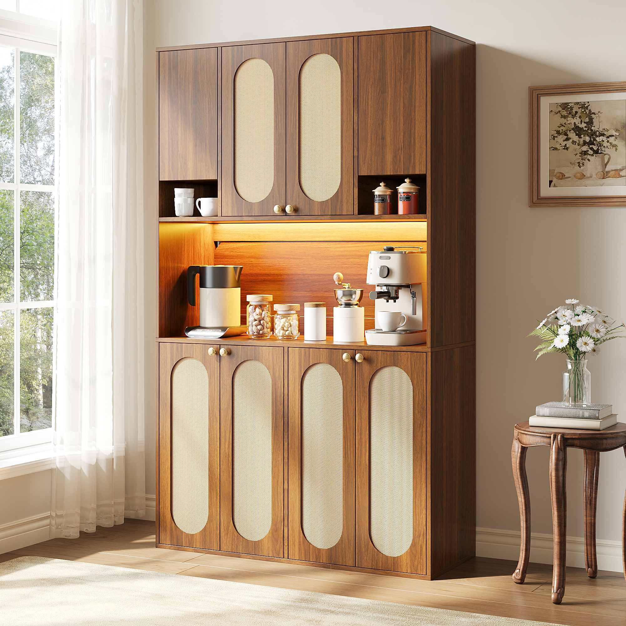 Buffet Salon 8 Portes Panneau composite de fibres de bois à densité Rotin PE avec Bar Intérieure LED Couleur et Fermeture Silencieuse