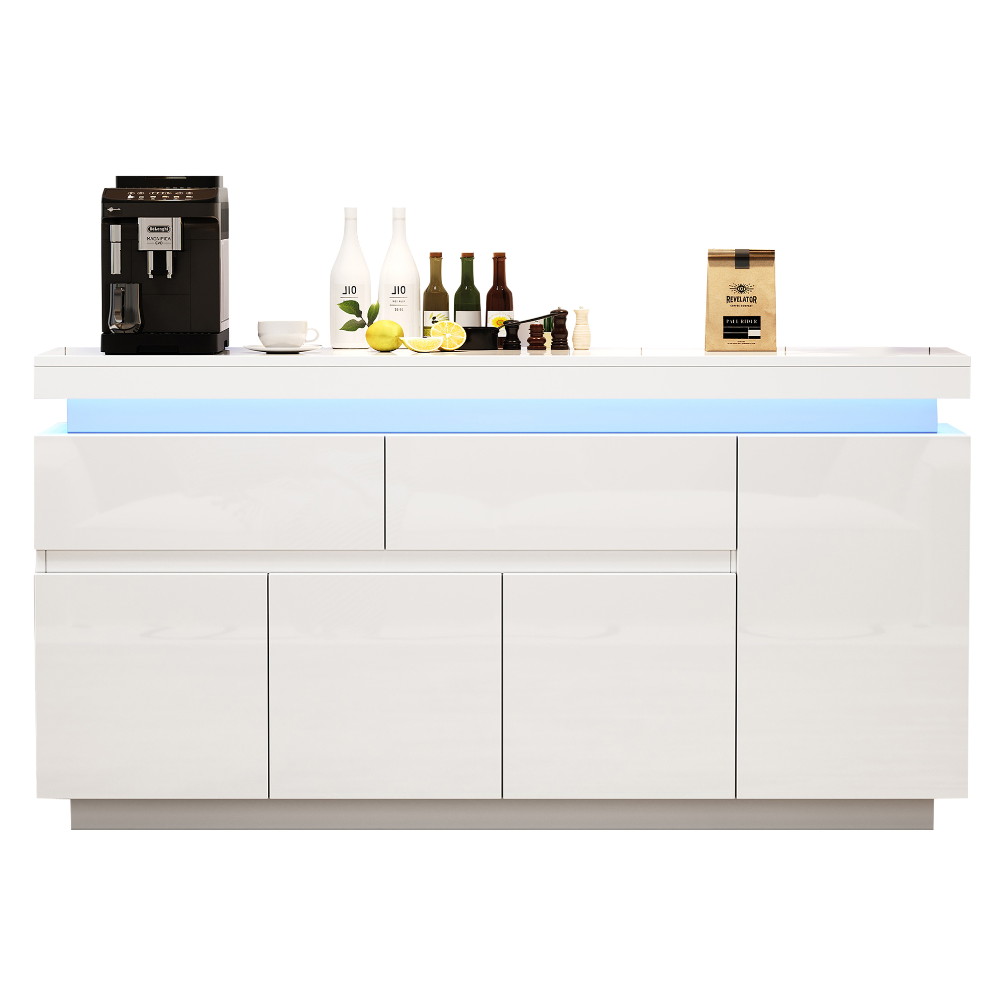 Buffet Blanc Panneaux de Particules avec Surface Haut Gloss, 140x35x72,5 cm, 2 Tiroirs et 4 Portes