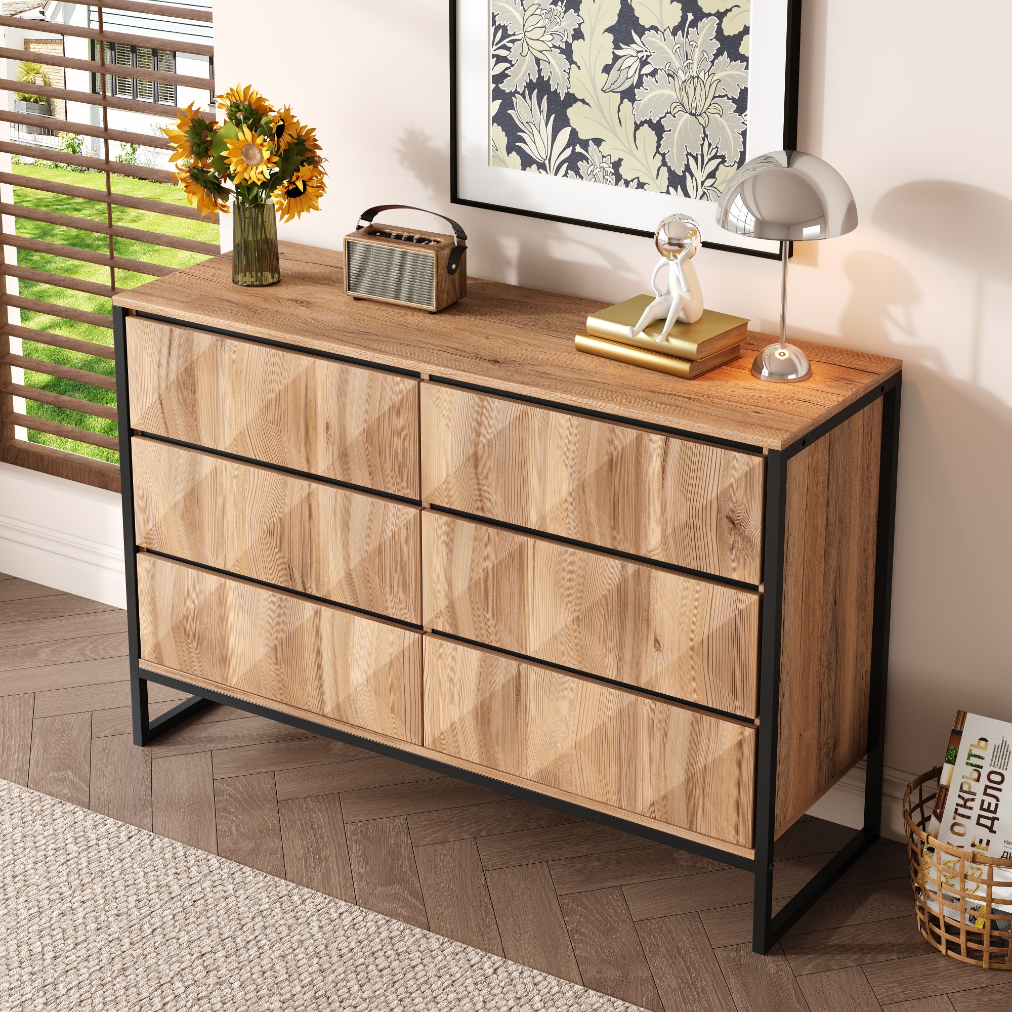 Buffet avec 6 Tiroirs Spacieux Poignées Cachées Noires Meuble de Rangement Design Industriel