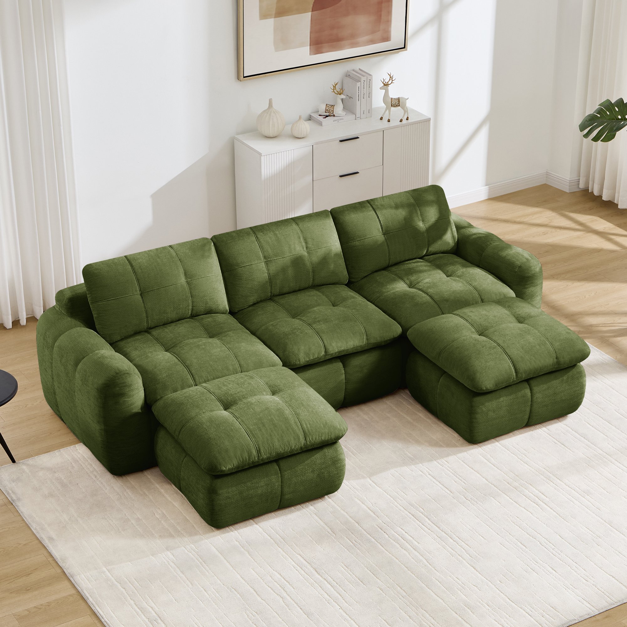 Canapé modulable 3 places vert en chenille sans cadre avec 2 ottomans pour salon et appartement
