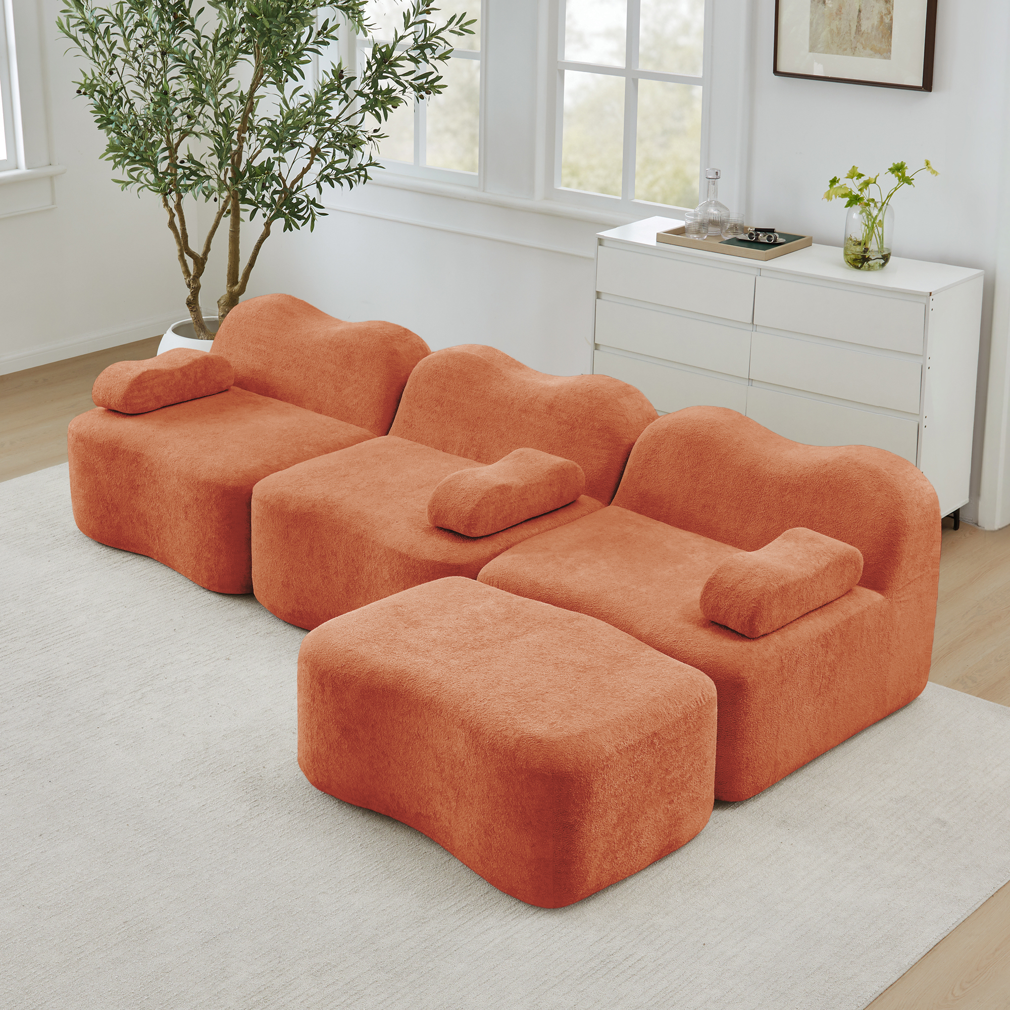 Canapé d'angle modulable 3 places avec ottoman, assise profonde et mousse haute densité 32D pour grand confort salon moderne