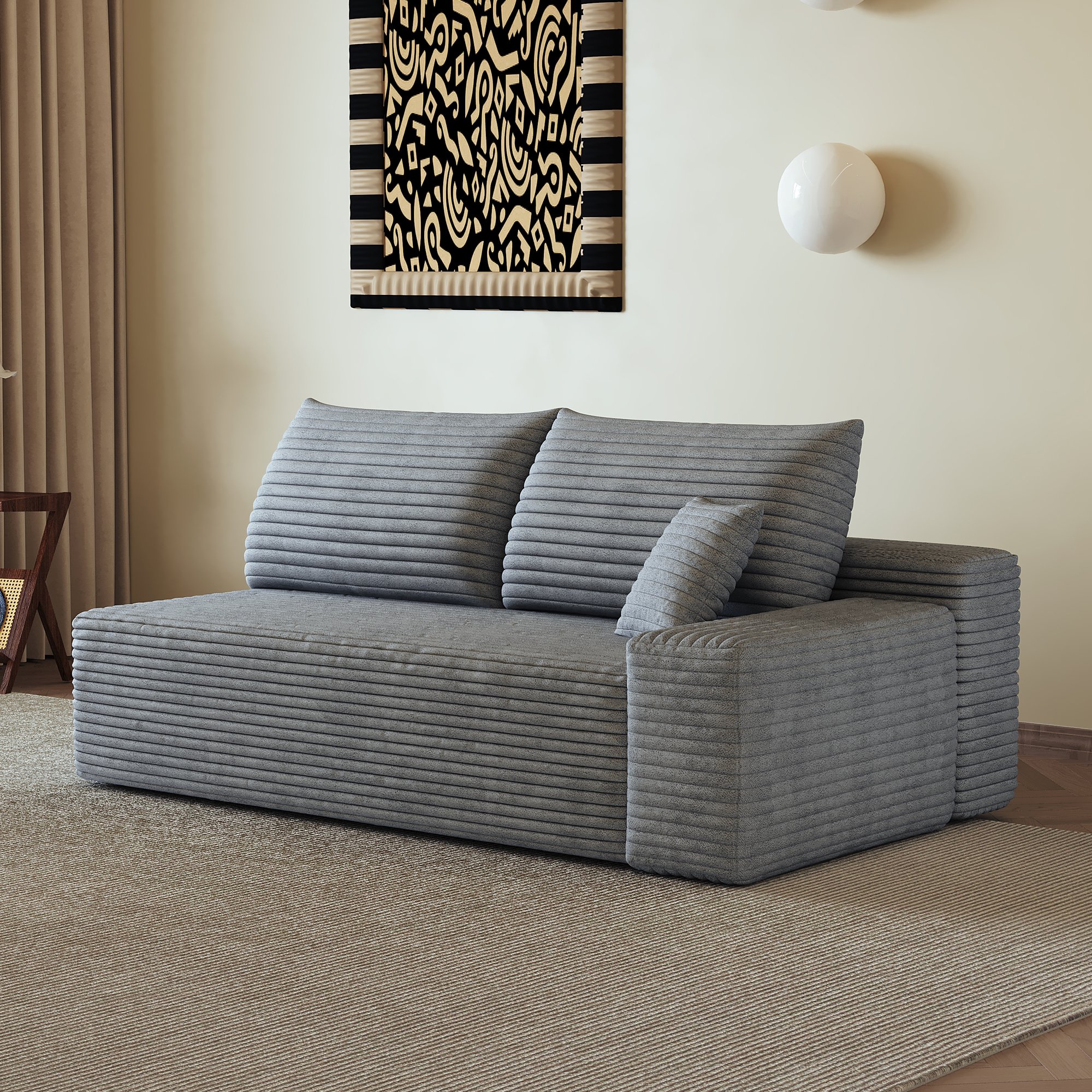 Canapé droit 2 places en tissu côtelé gris, style nuage confortable, sans montage requis, dimensions 175x95x83 cm pour salon moderne