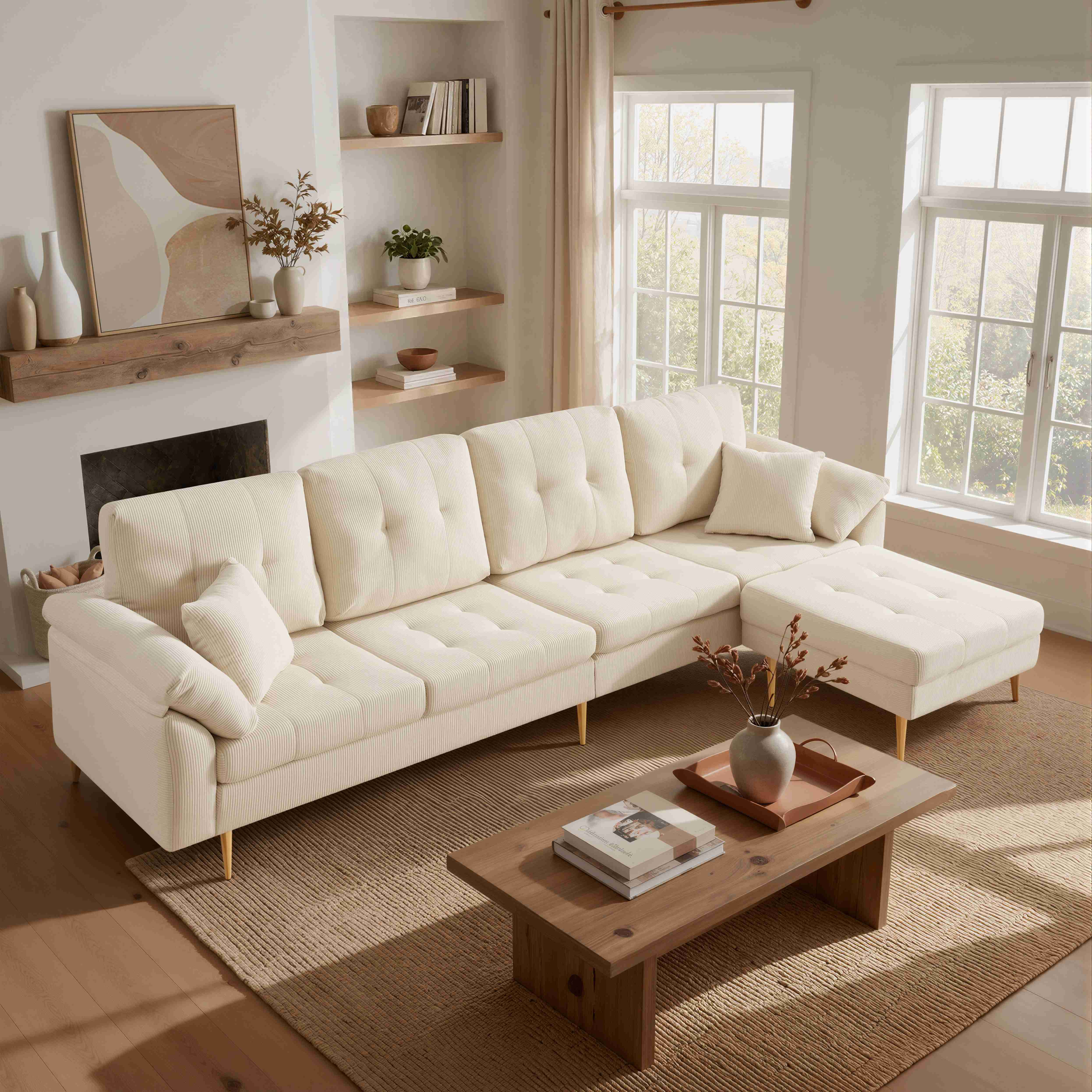 Canapé 4 places en velours côtelé beige clair, structure modulable en L avec pouf amovible, pieds métal 20 cm, dimensions 250x70x87 cm pour salon moderne