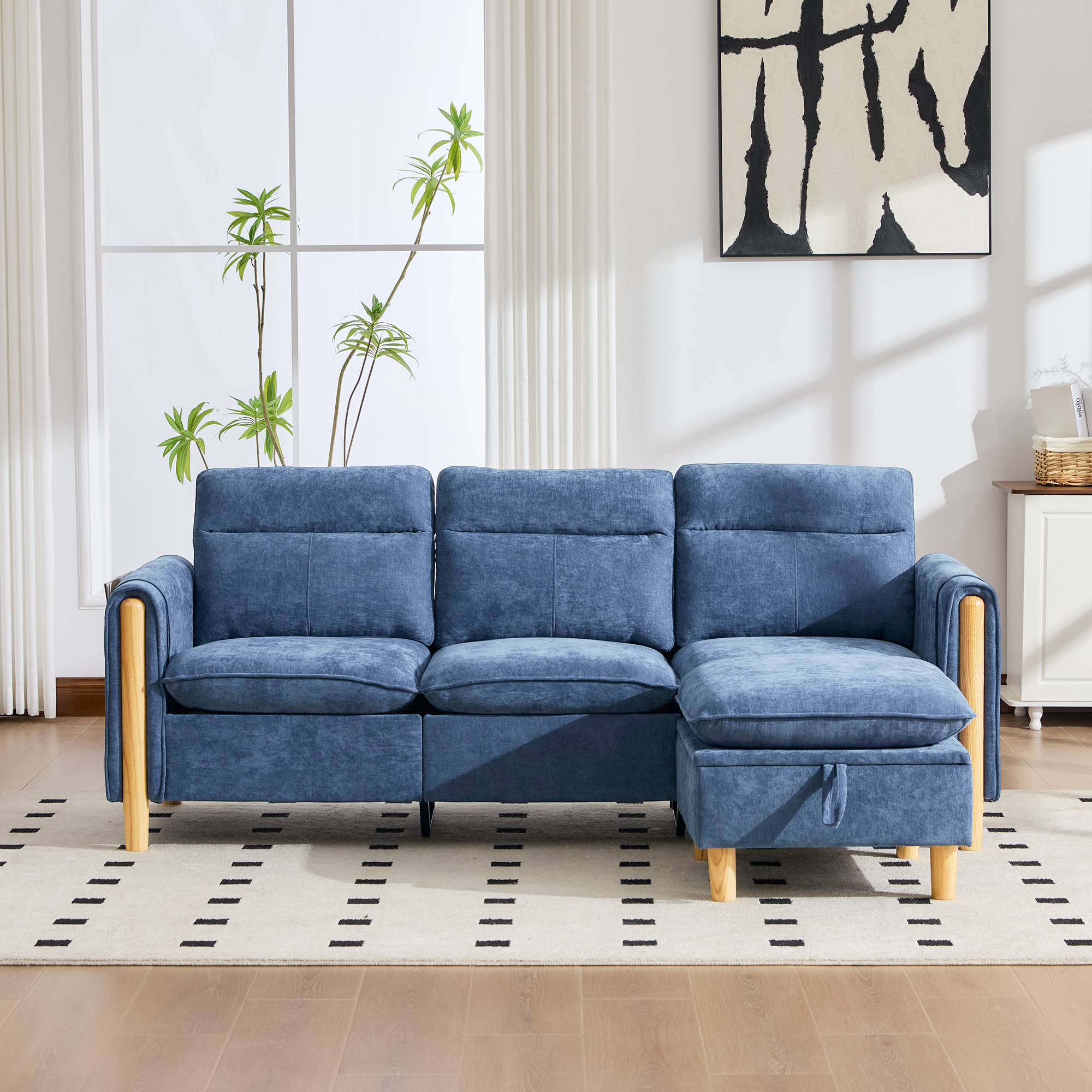 Canapé d'angle L 3 places en chenille bleu avec coffre, méridienne réversible et pouf de rangement