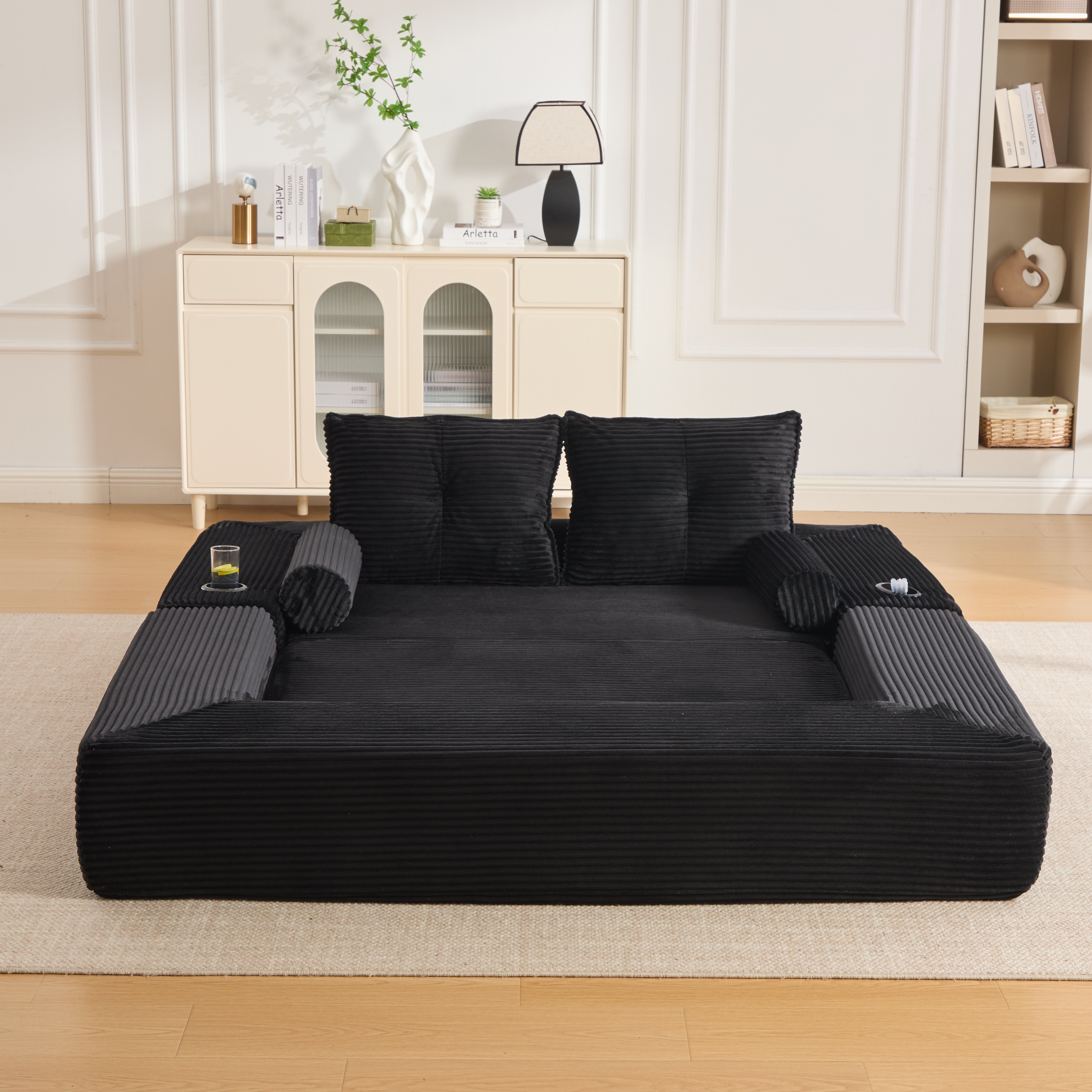 Canapé convertible 2 places en velours côtelé noir avec dossier en mousse à mémoire de forme