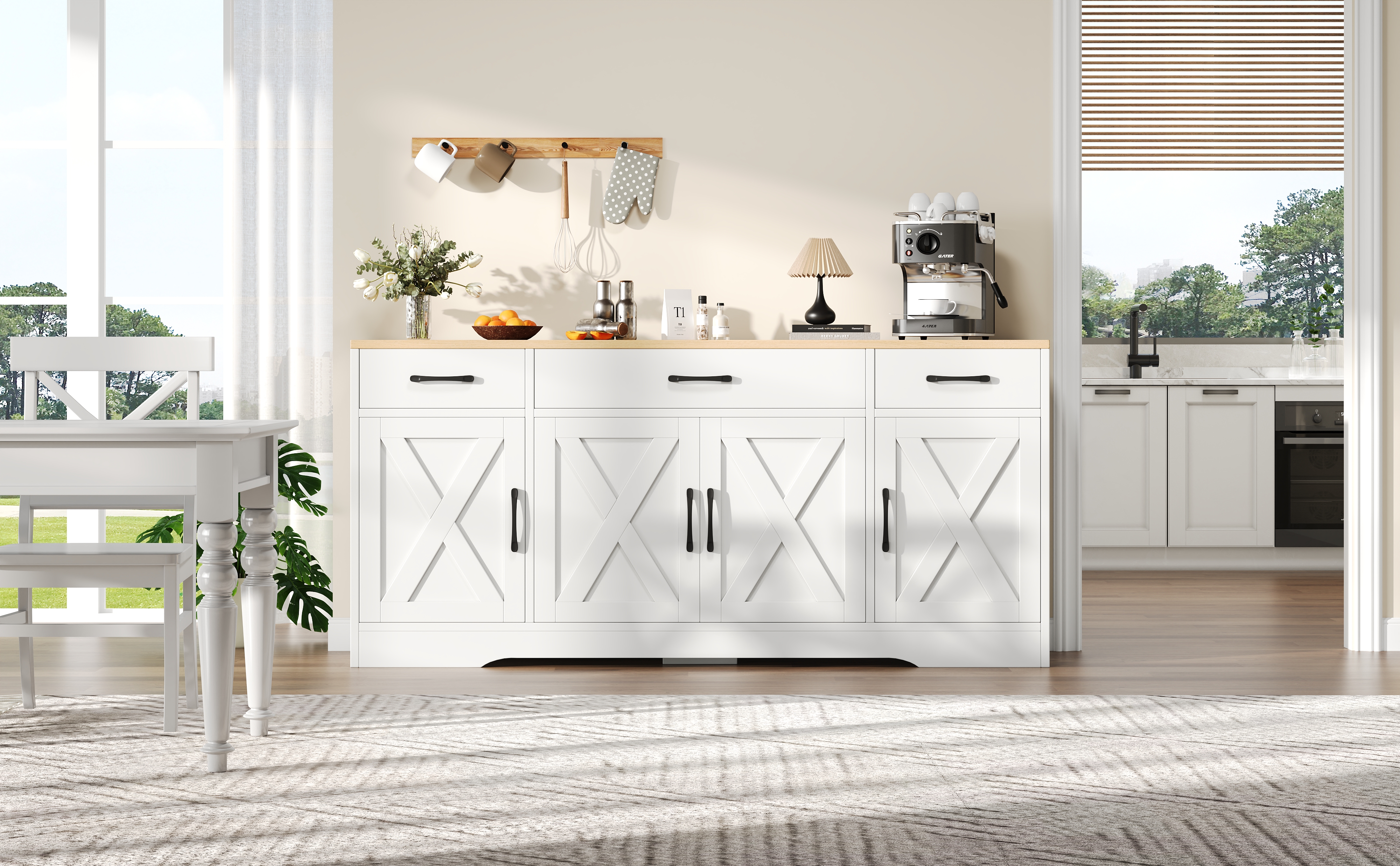 Buffet Blanc Moderne 160x37x75 cm, Meuble Rangement avec 3 Tiroirs Silencieux et 4 Portes pour Cacher Câbles TV et Routeur