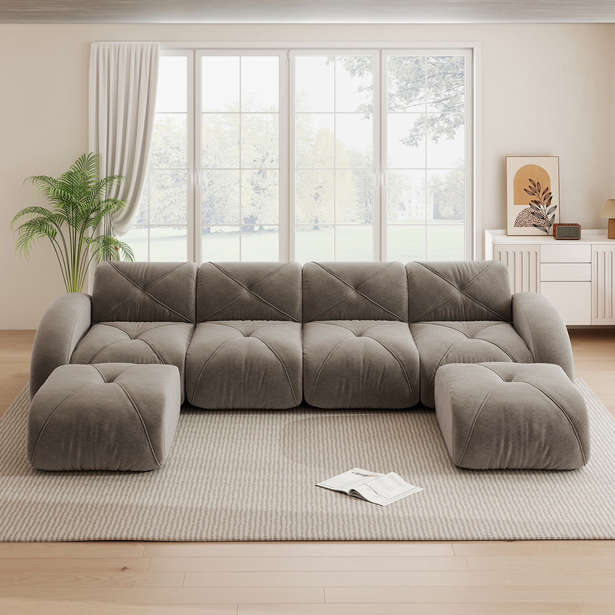 Canapé modulable panoramique 4 places en tissu Chenille taupe, design sans dossier avec 2 poufs, idéal salon moderne