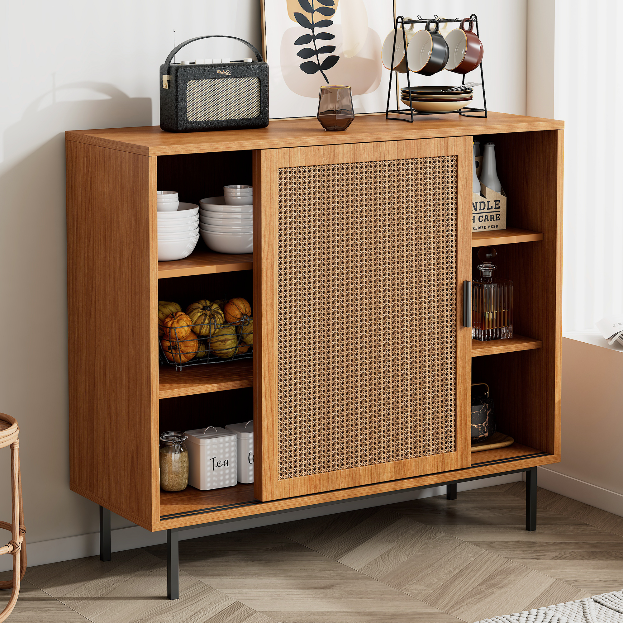 Buffet de cuisine 100x90x37 cm, Meuble de rangement compact avec 2 portes coulissantes et étagères réglables, Idéal Salon et Cuisine