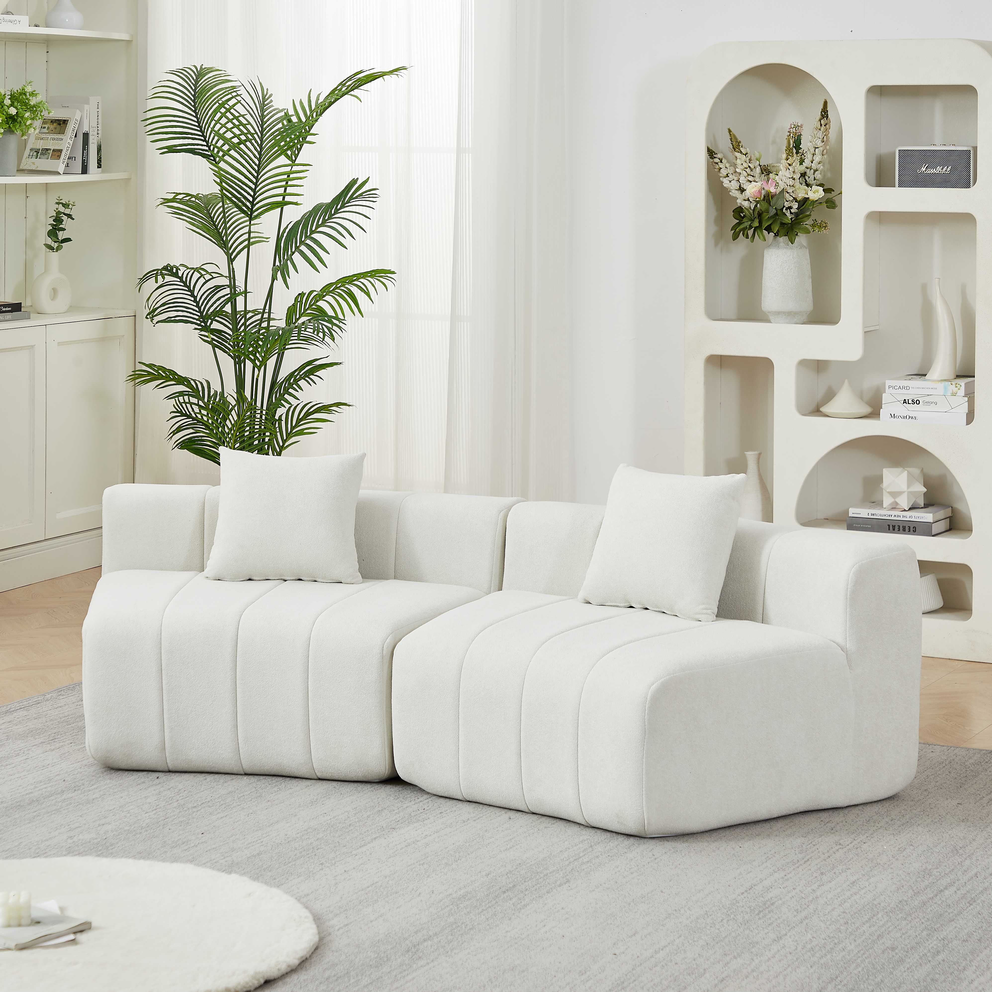 Canapé Modulable Beige Chenille Forme Courbe Sans Assemblage avec Coussins pour Salon Chambre ou Bureau Détente