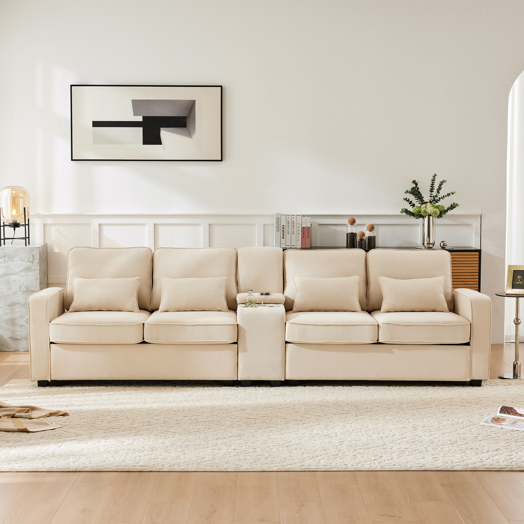 Canapé droit 4 places beige avec USB intégrés, porte-gobelets et coffres de rangement sous l'assise pour salon moderne