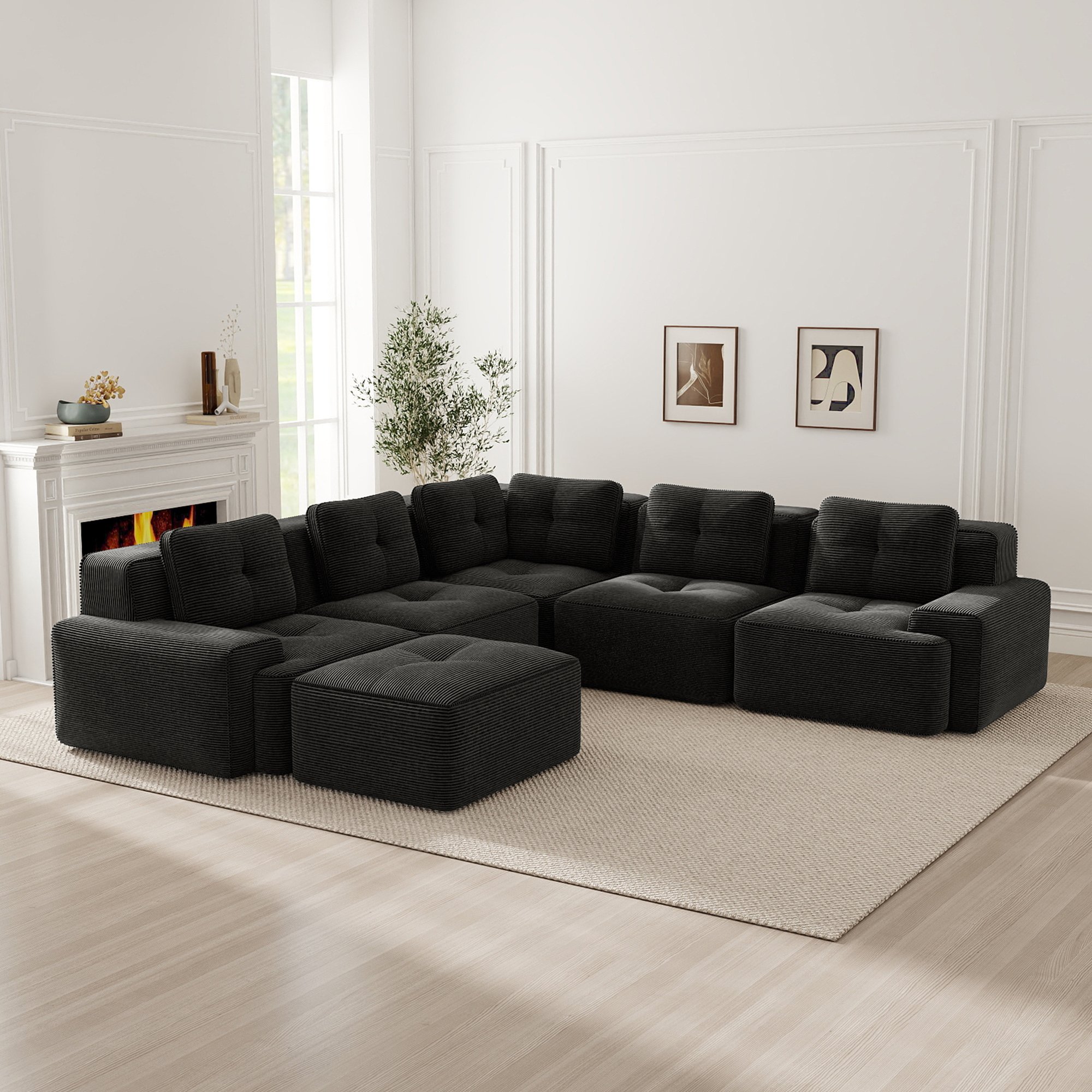 Canapé d'angle modulable noir en tissu côtelé, assise profonde 74cm, sans cadre, confort nuageux, idéal salon moderne