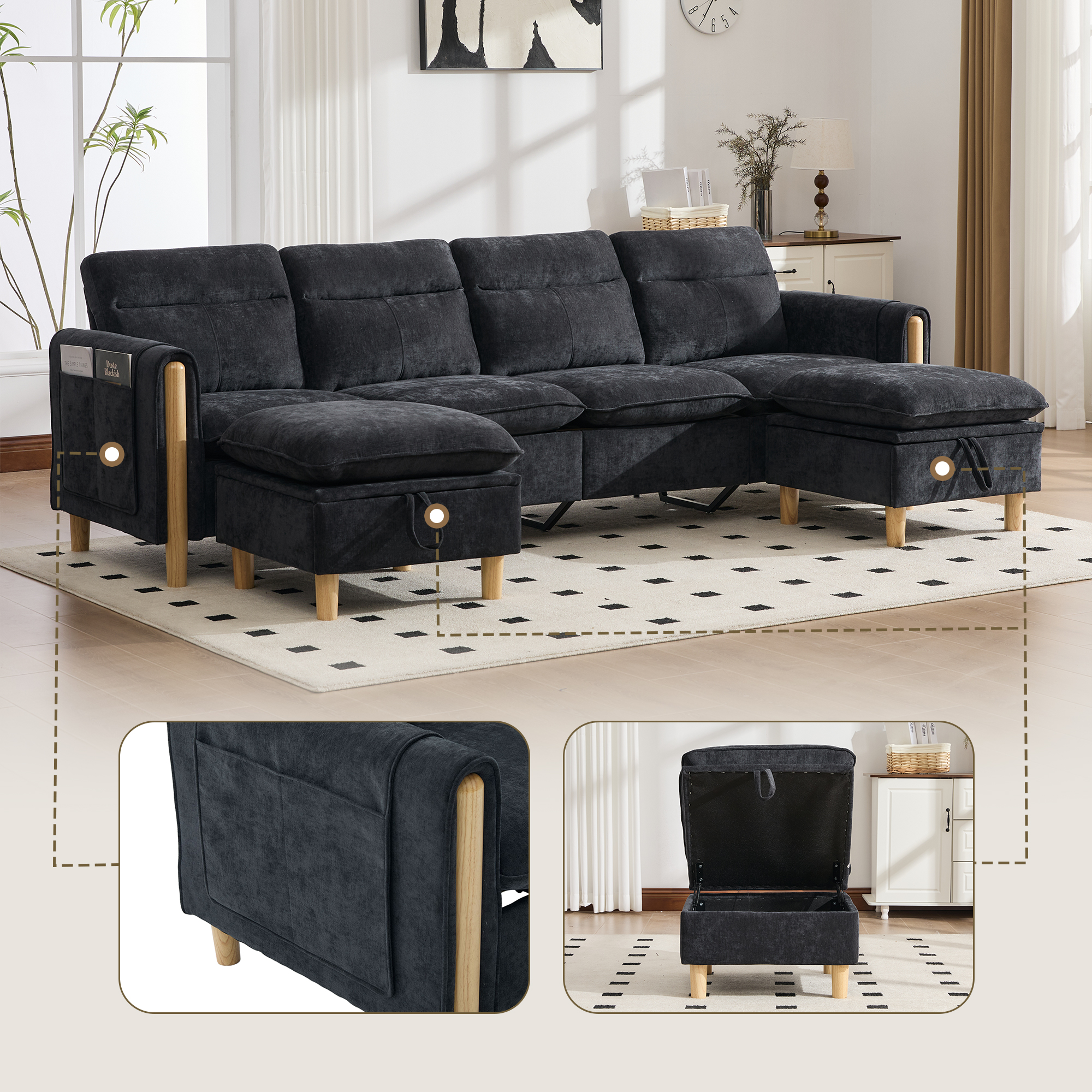Canapé modulable 4 places avec 2 poufs et rangement, configuration en U ou en L pour salon