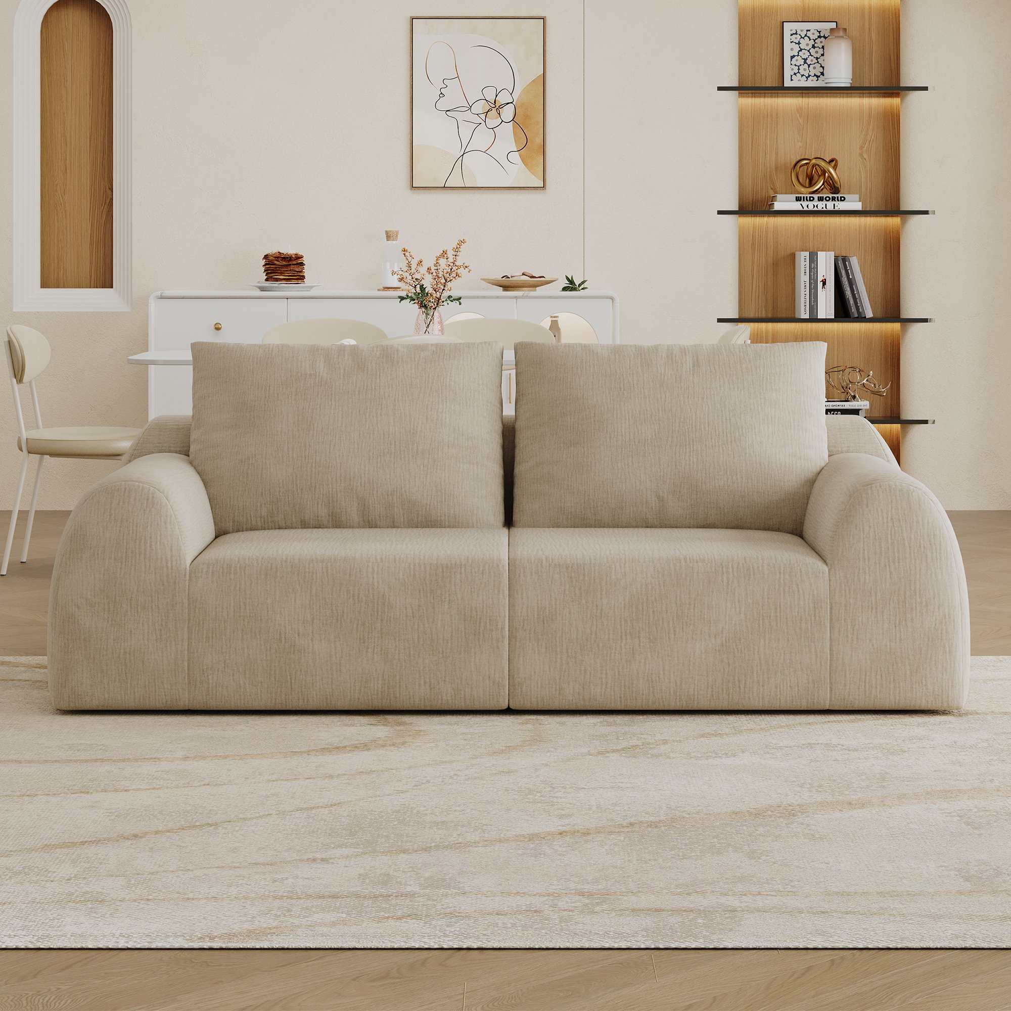 Canapé droit 190 cm largeur, profondeur 95 cm, hauteur 85 cm, tissu chenille kaki, mousse haute densité, poids 31 kg, 2 colis