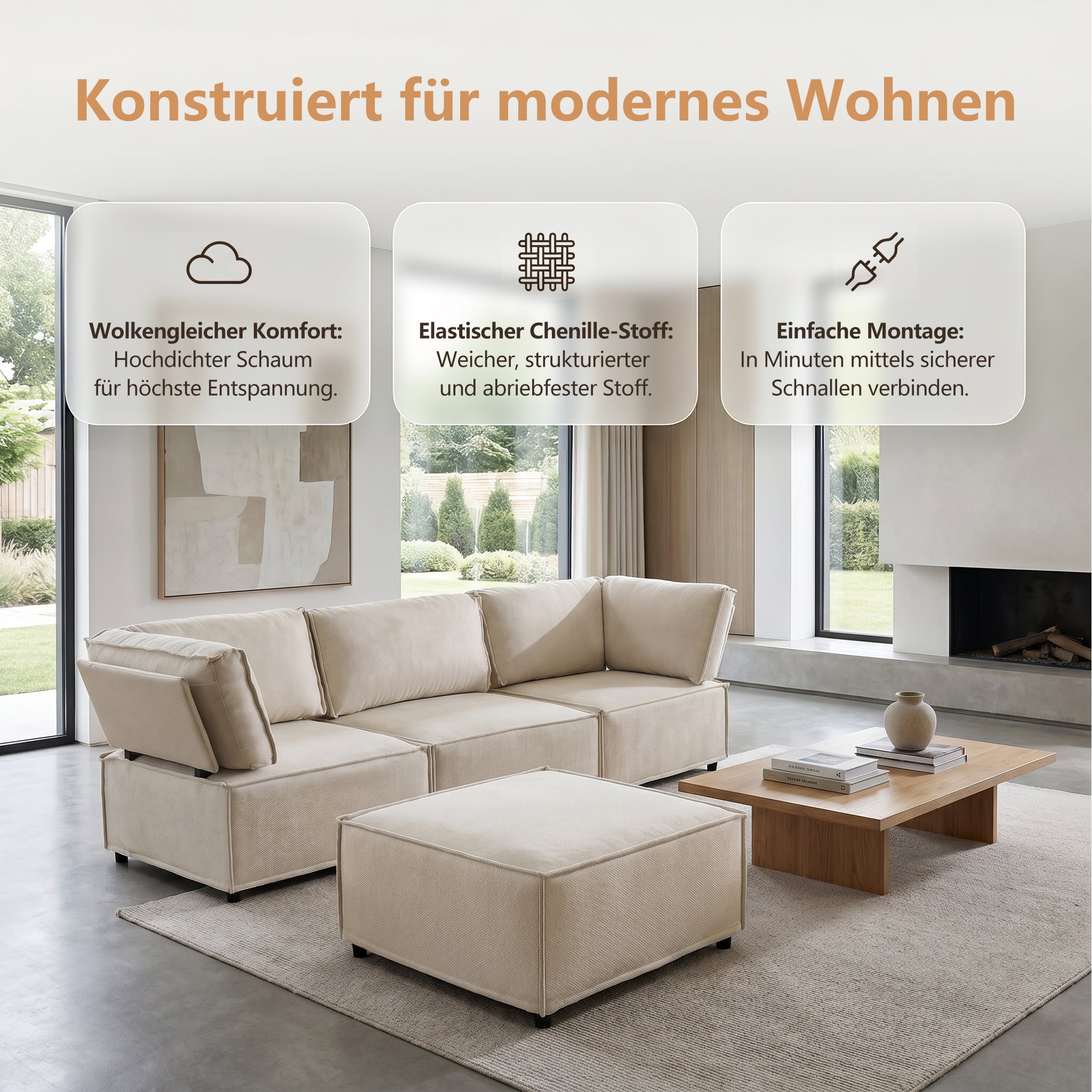 Canapé modulable convertible en lin beige avec structure bois massif, assise profonde et confort équilibré pour le salon moderne
