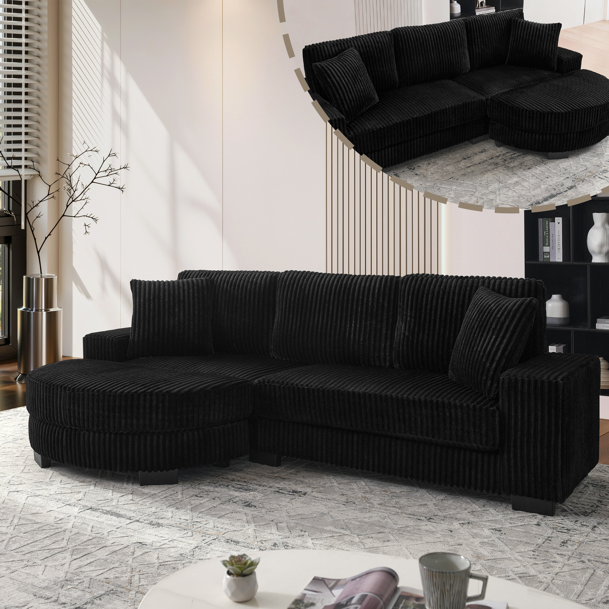Canapé d'angle modulable noir 4 places avec coussins et pouf ovale ajustable pour salon ou bureau