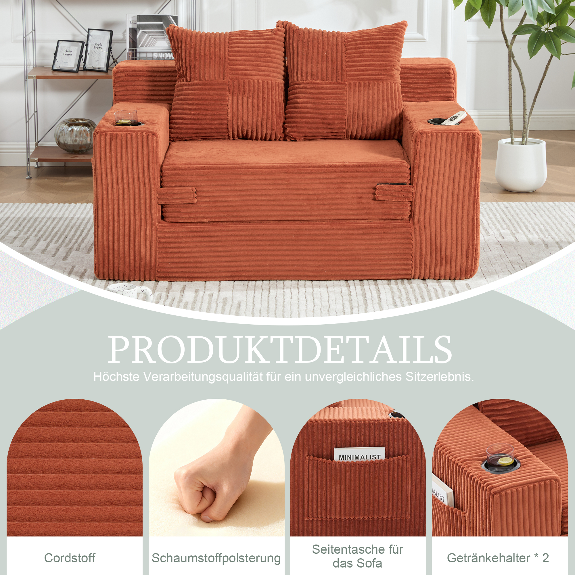 Canapé Droit Moderne Orange en Velours Côtelé avec Coussins et Rangement Latéral Intégré pour Salon Contemporain