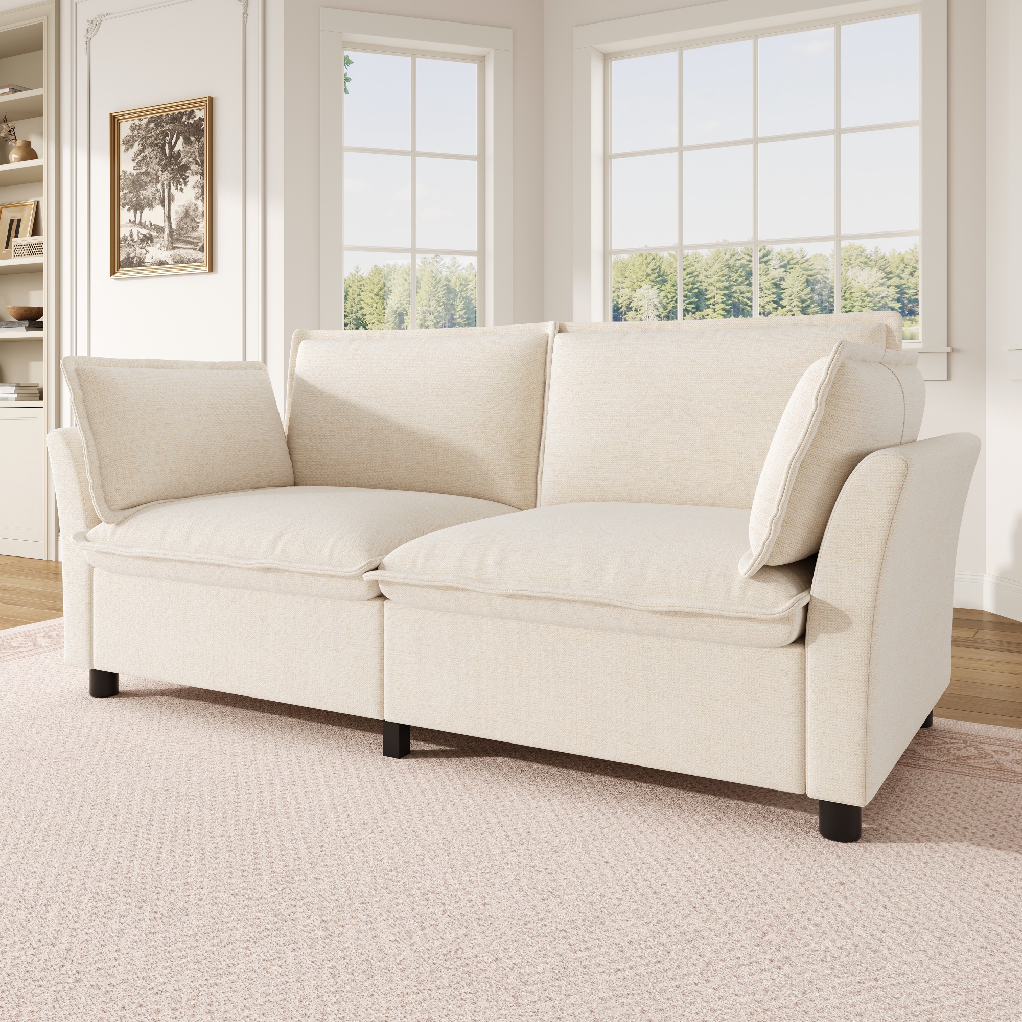 Canapé 2 places en tissu chenille beige, structure métal et bois massif, assise mousse et ressorts