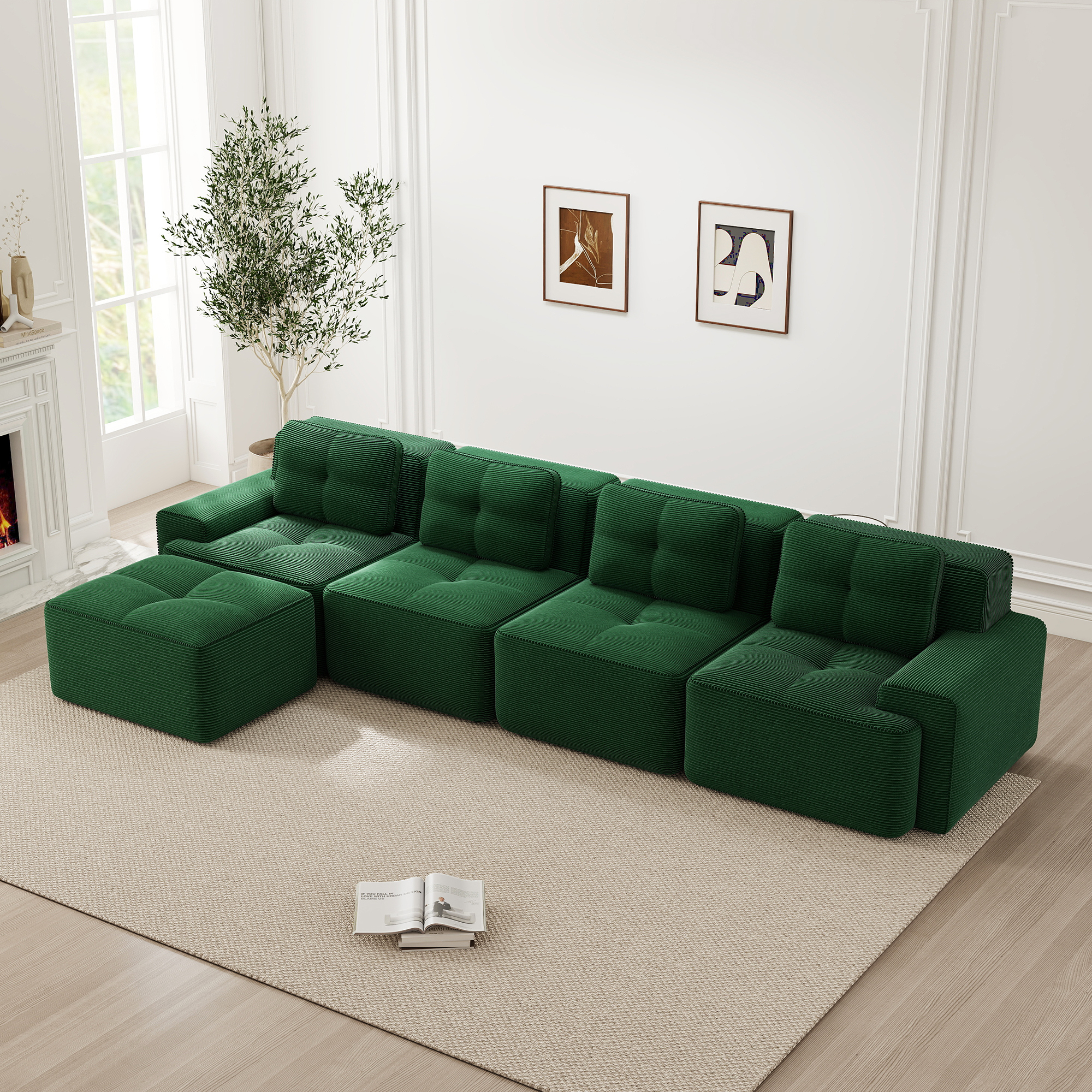 Méridienne Canapé Modulable en Velours Côtelé Vert, Structure Sans Pieds Antidérapante, Dimensions 382x177x69 cm pour Grand Salon