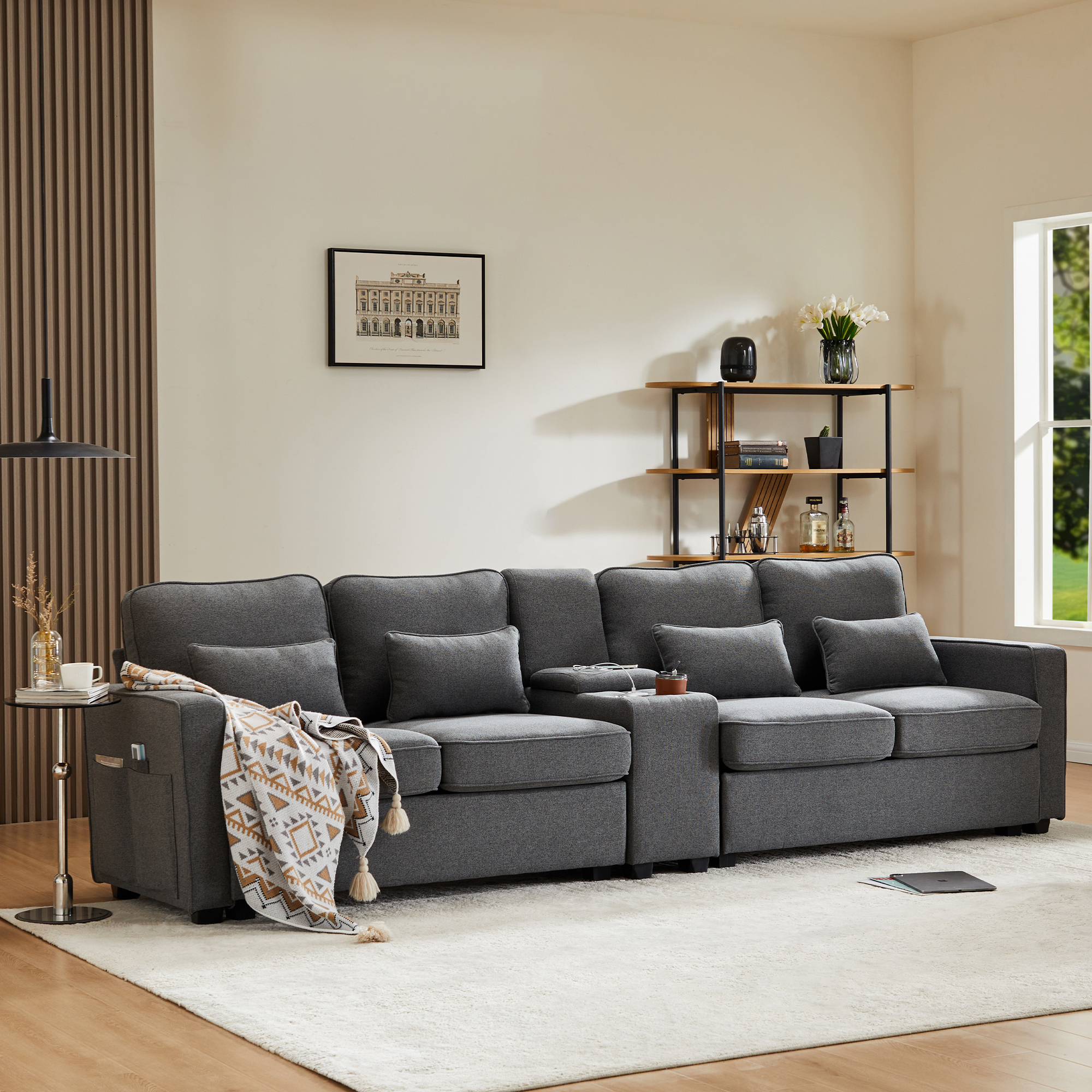 Canapé Droit 4 Places Avec USB et Porte-Gobelets Rangement Intégré Poches Accoudoirs Design Moderne Gris Foncé