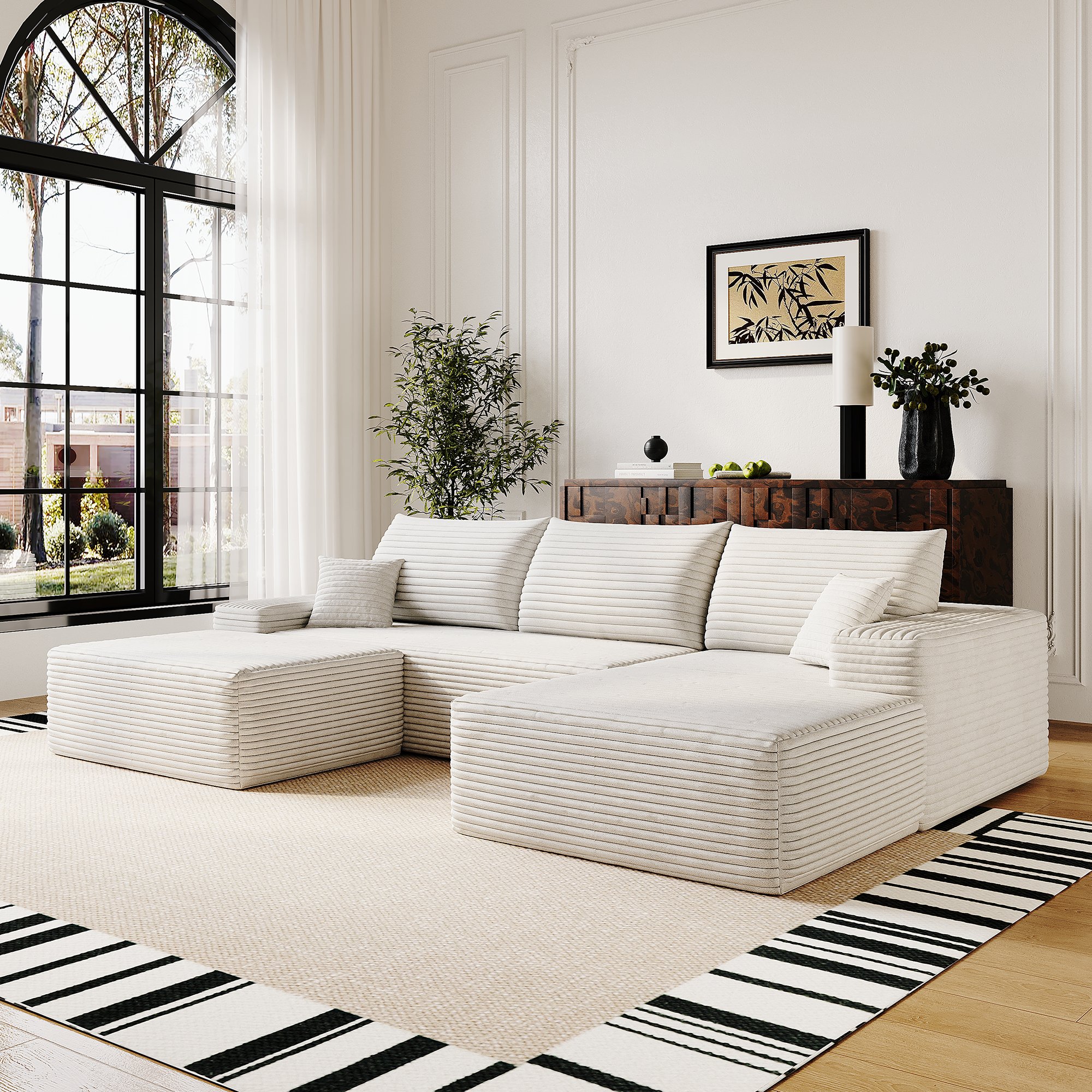 Canapé d'angle blanc 270cm sans montage, tissu côtelé et mousse haute élasticité, idéal pour petits espaces grâce à sa compression.