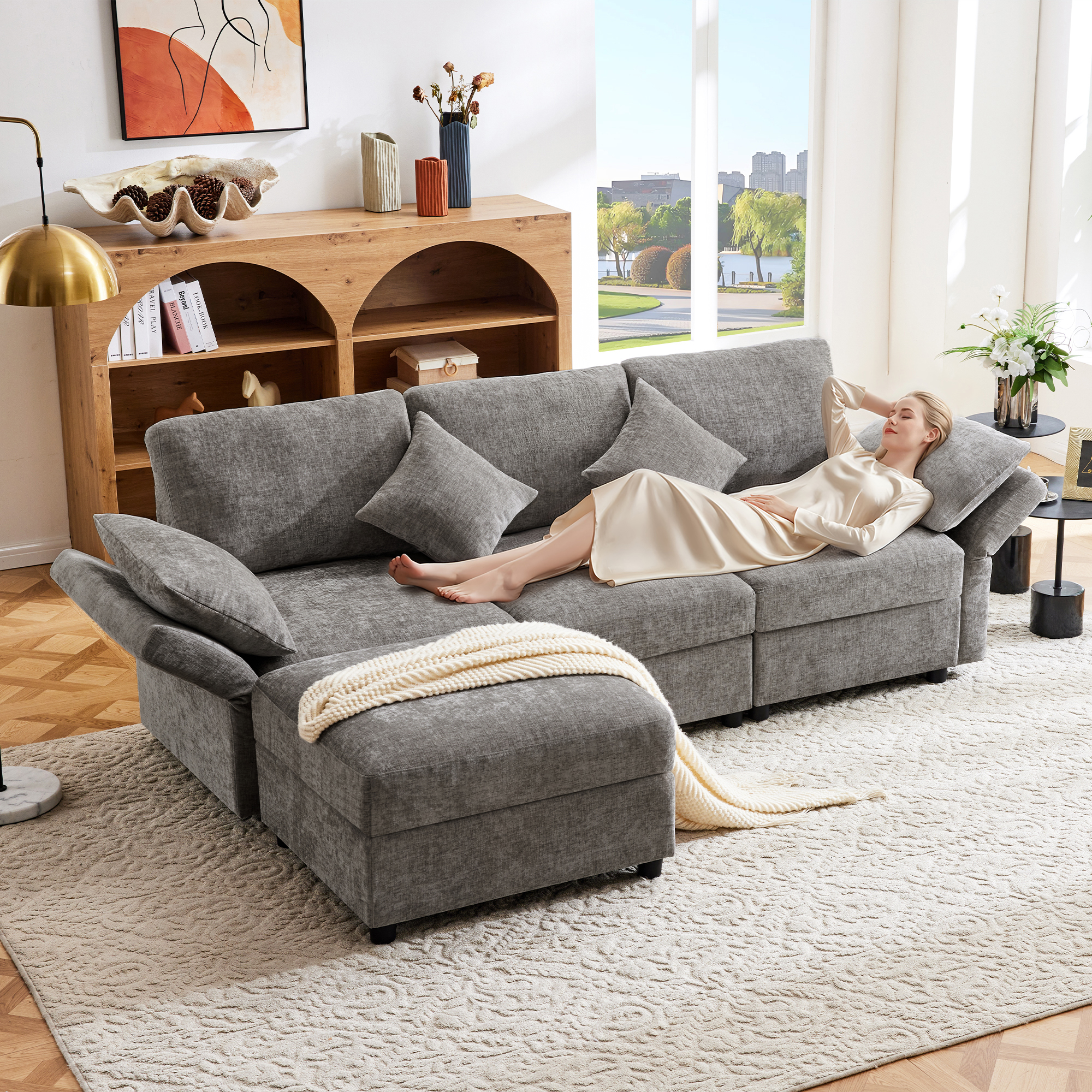 Canapé d'angle 3 places en tissu chenille gris avec structure métal et assise ressorts ensachés