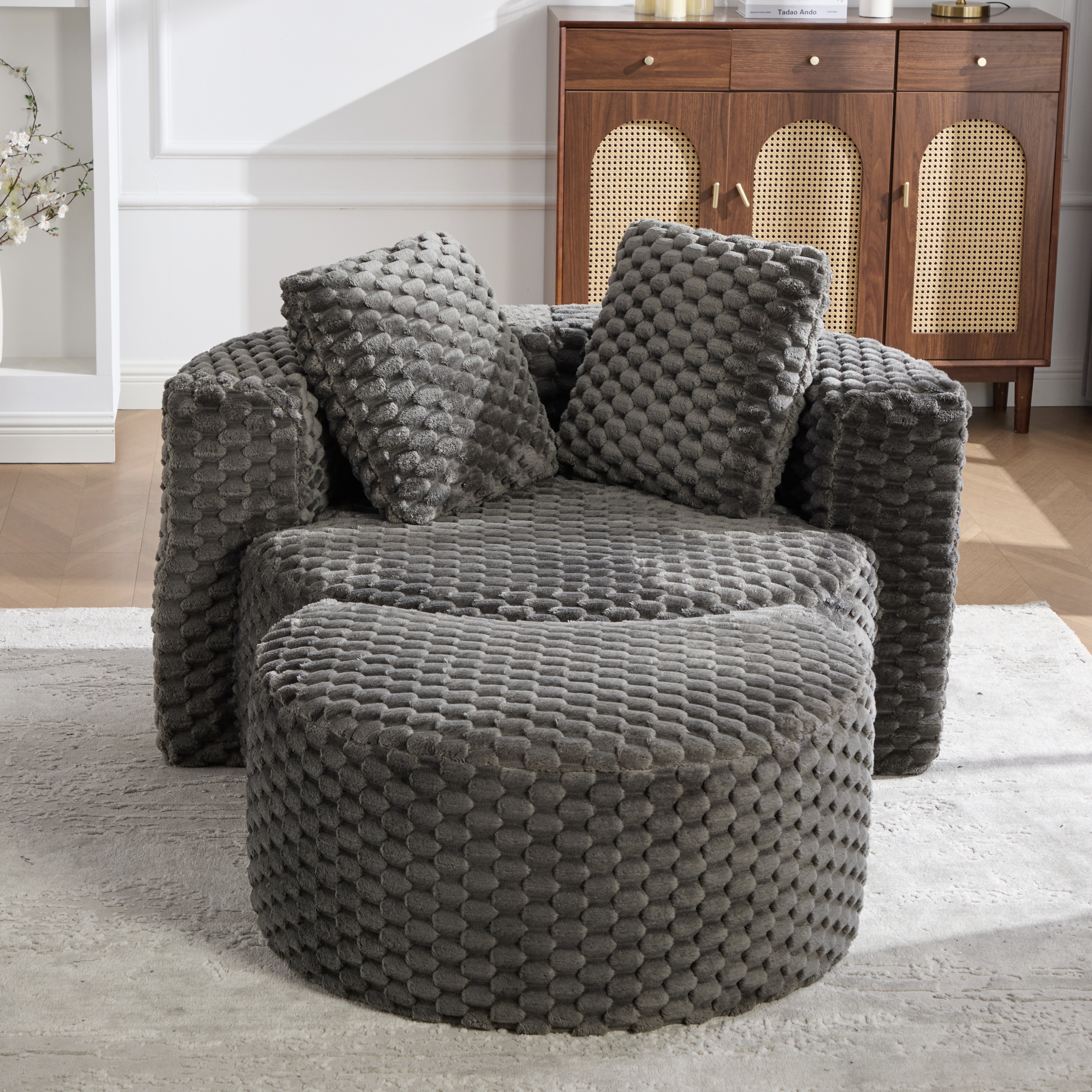 Fauteuil Individuel Gris Foncé Avec Repose-Pieds, Design Courbe Moderne Tissu Confortable Pour Salon Ou Chambre, Livraison Compressée Sans Montage