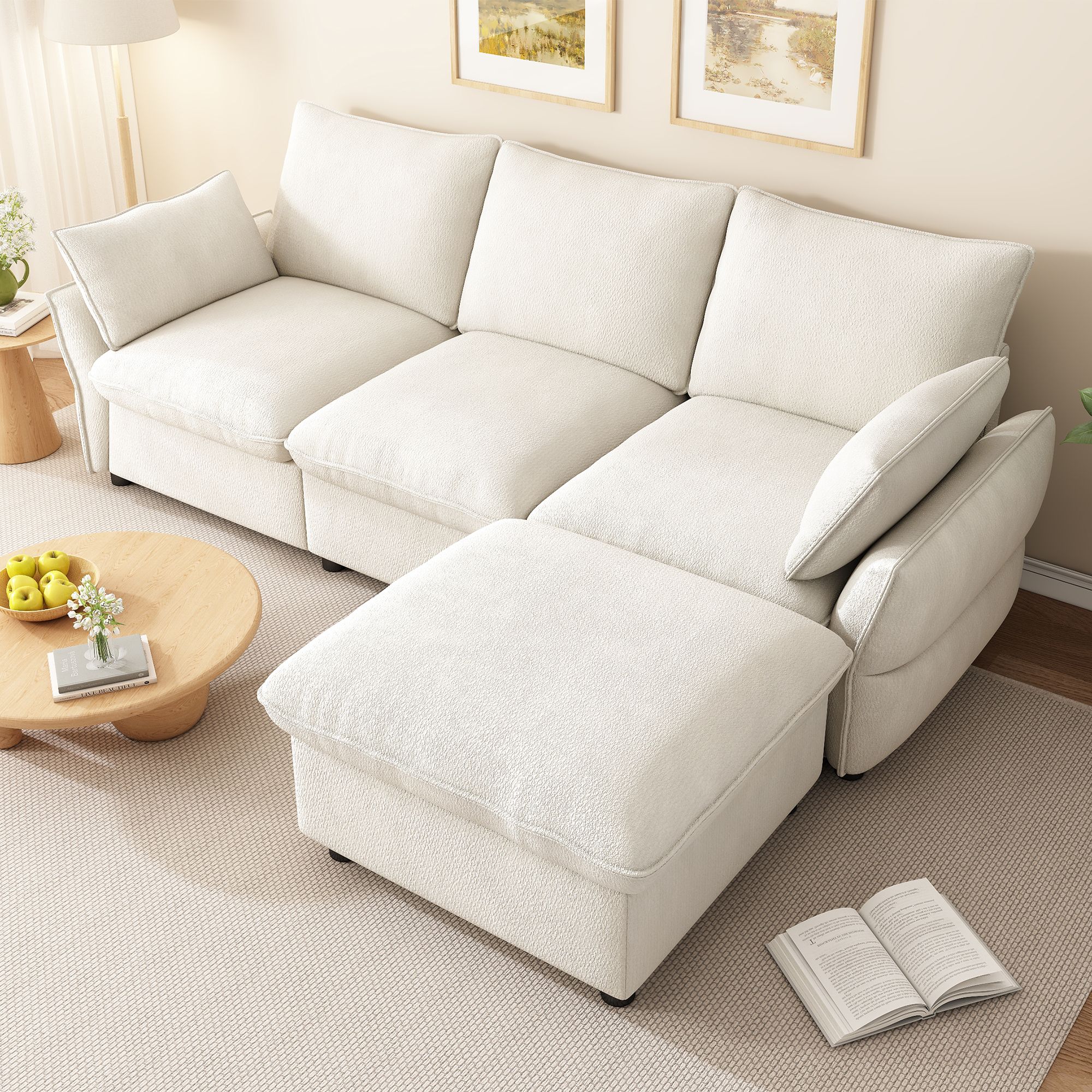 Canapé d'angle 3 places beige en chenille avec ottoman et coussins, structure L pour salon moderne, dimensions 222,5 x 154,5 x 76,5 cm
