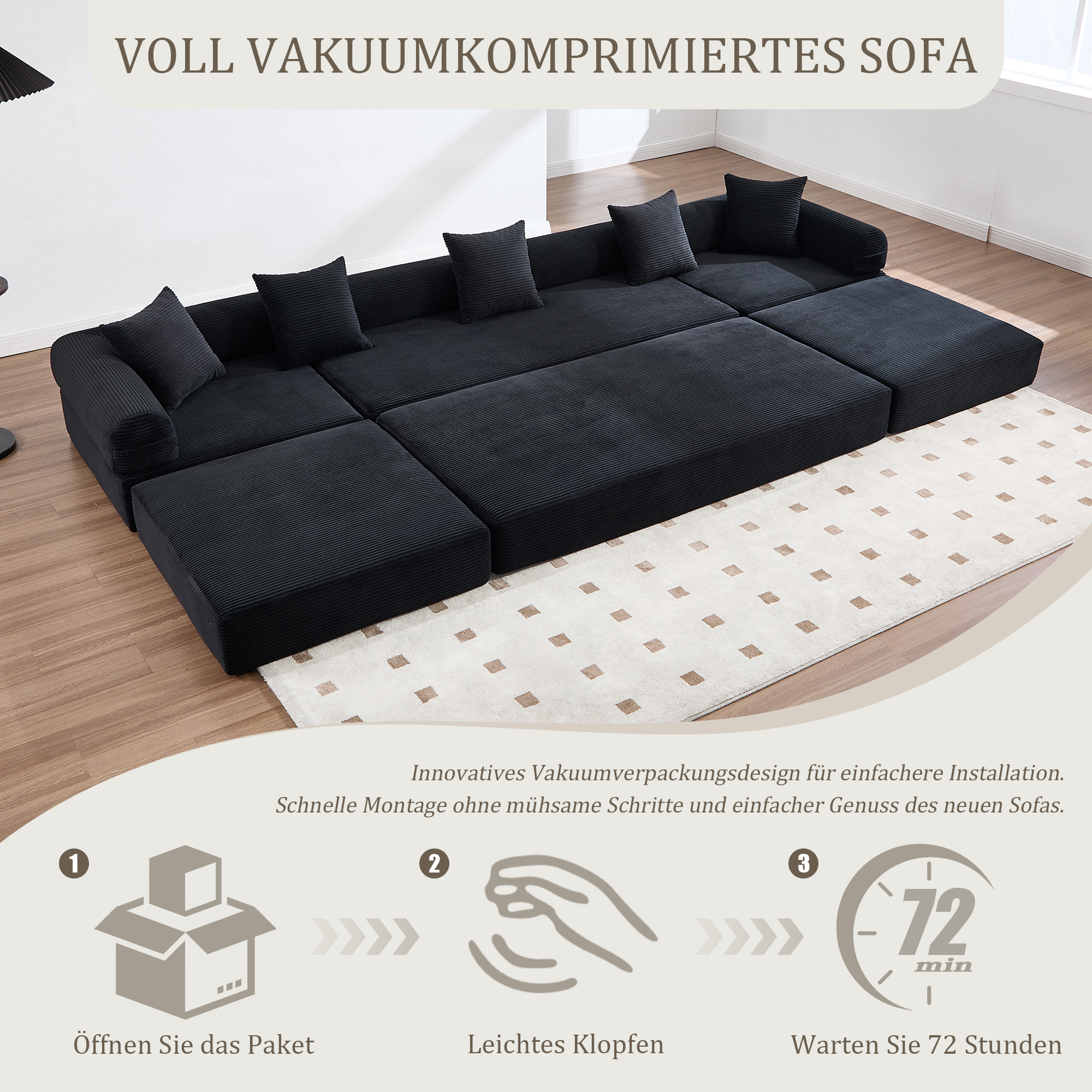 Lit avec rangement et tiroirs intégrés 270x180x64 cm en velours côtelé noir avec couchage modulable