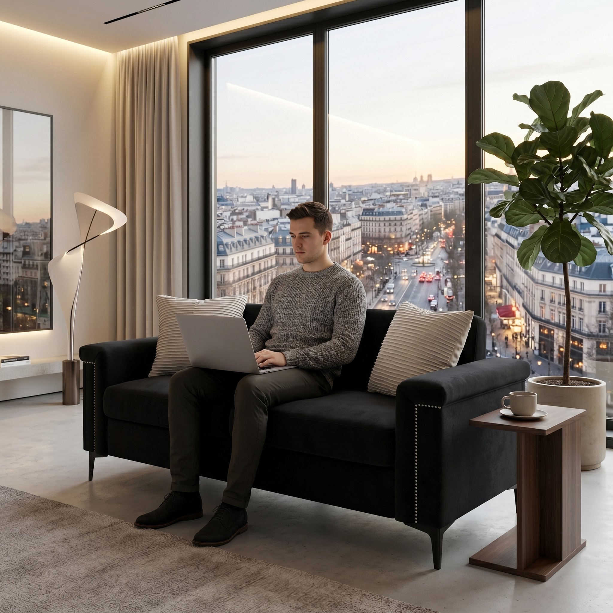 Canapé droit 2 places style scandinave noir, structure bois massif et revêtement en tissu lin pour salon moderne