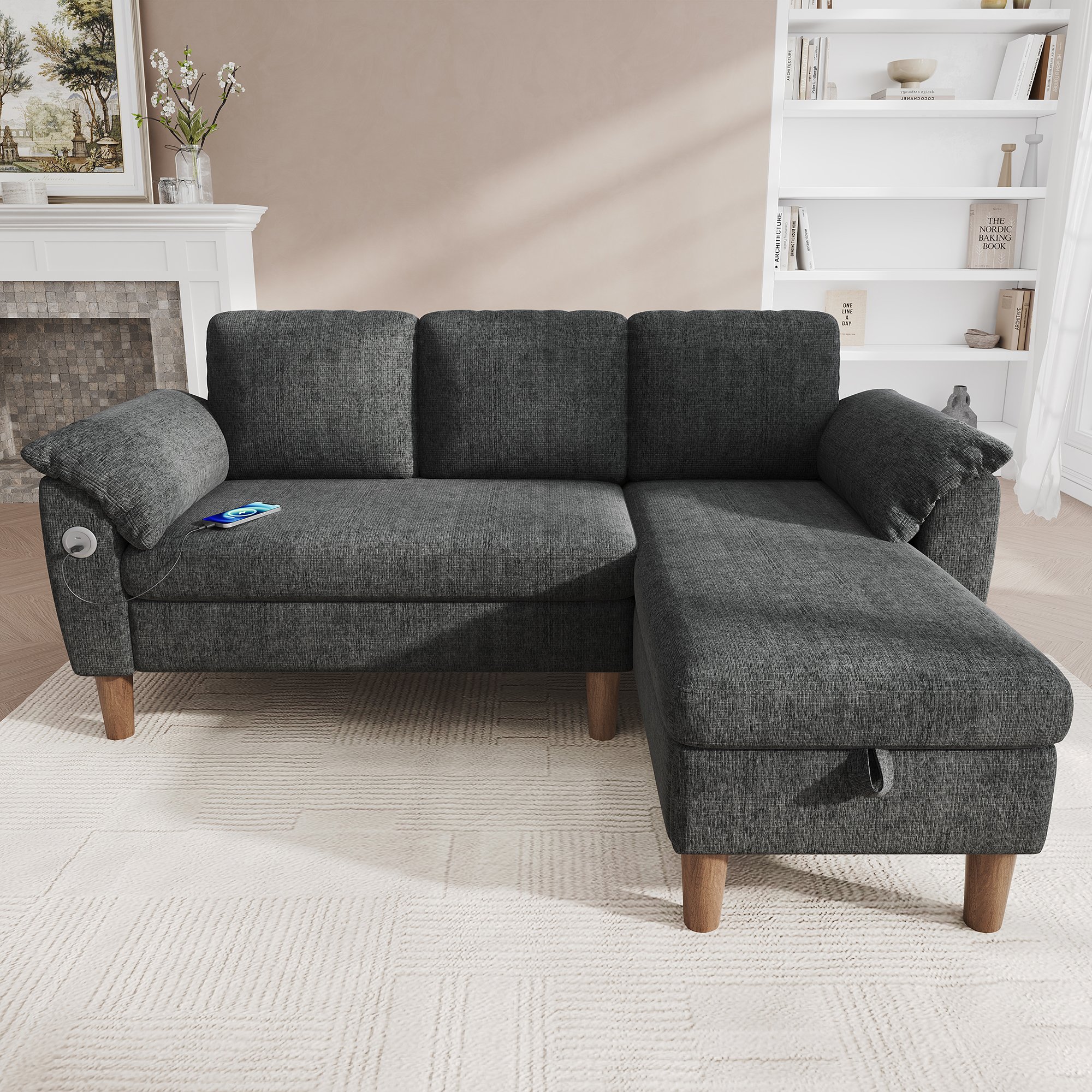 Canapé d'angle 3 places en tissu chenille gris foncé, chaise longue réversible gauche/droite avec rangement intégré et ports USB Type-C pour le salon