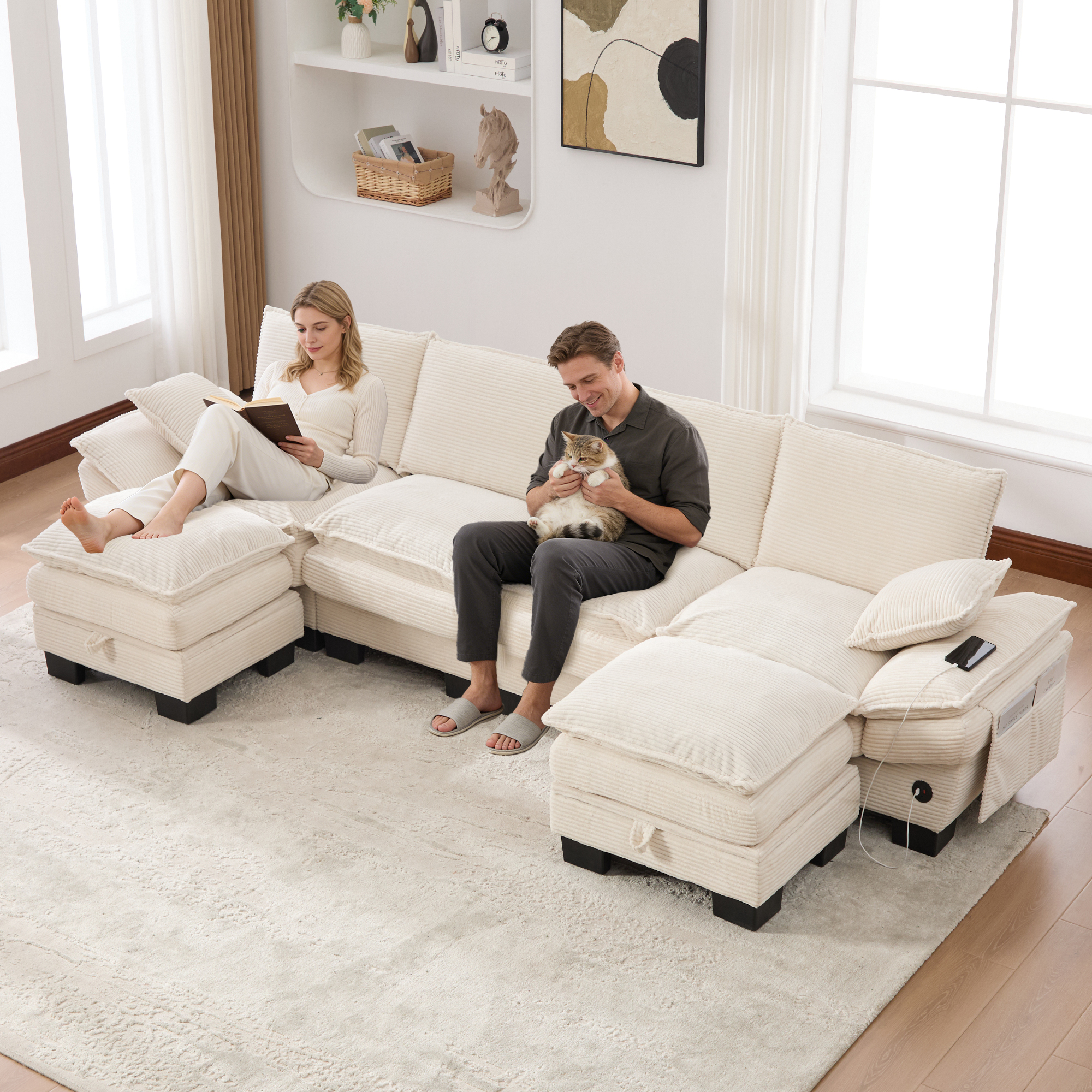 Canapé d'angle 4 places modulable avec 2 poufs, coffre intégré et port USB-C pour recharger vos appareils