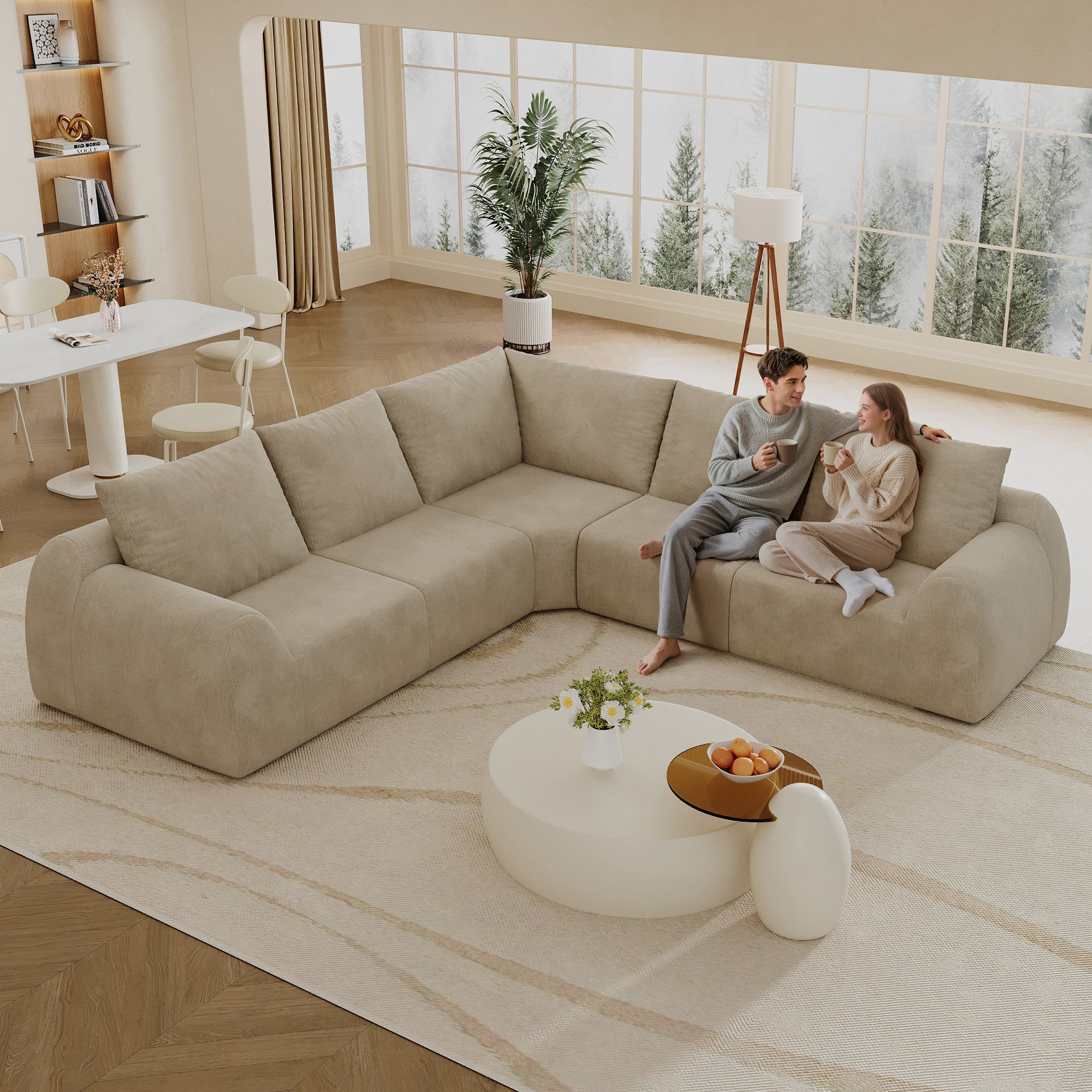 Canapé droit 267x267cm en tissu chenille kaki, mousse haute élasticité, sans montage, livraison compacte pour salon et chambre
