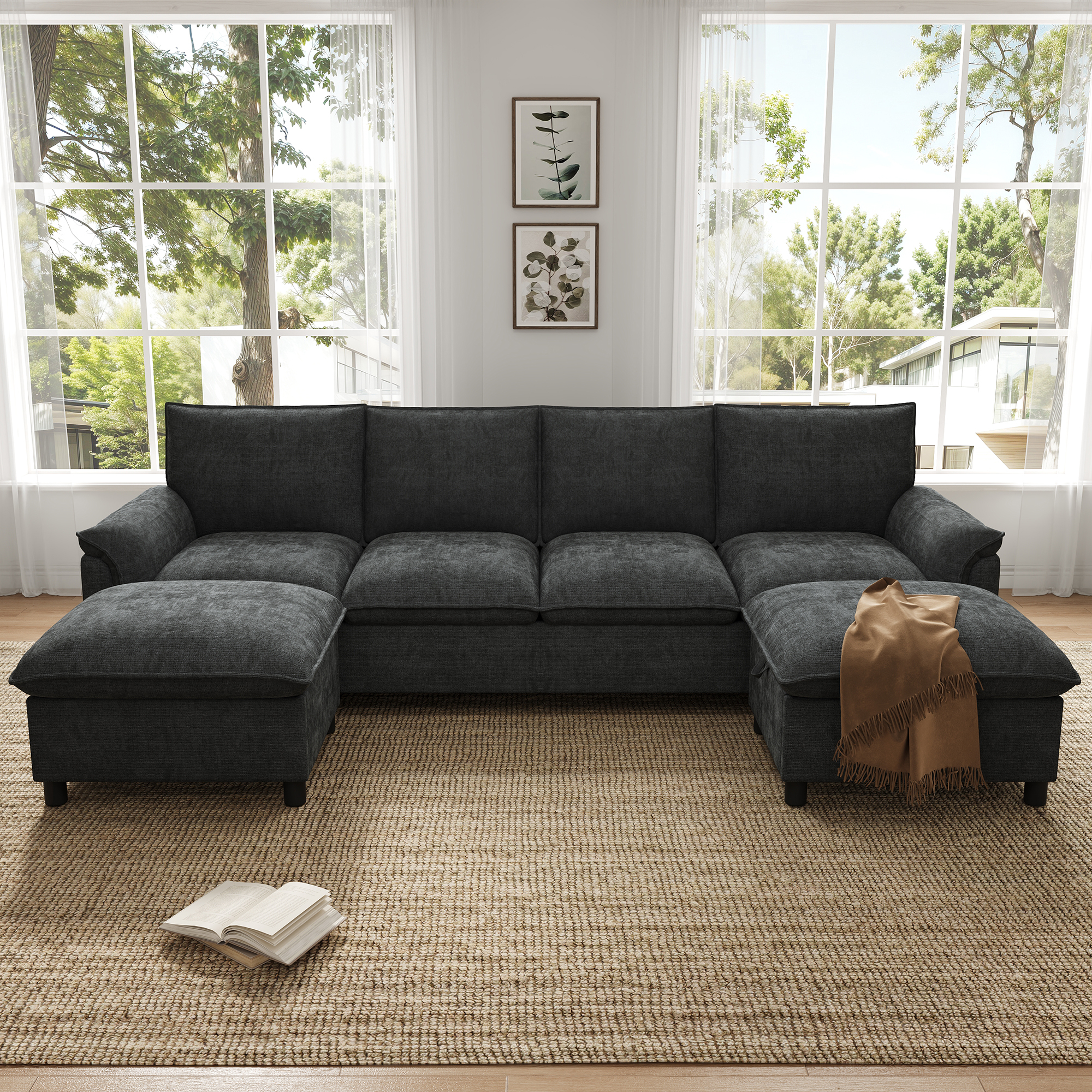 Canapé d'angle en chenille noire avec dossier haut, 2 poufs et structure en métal et bois massif