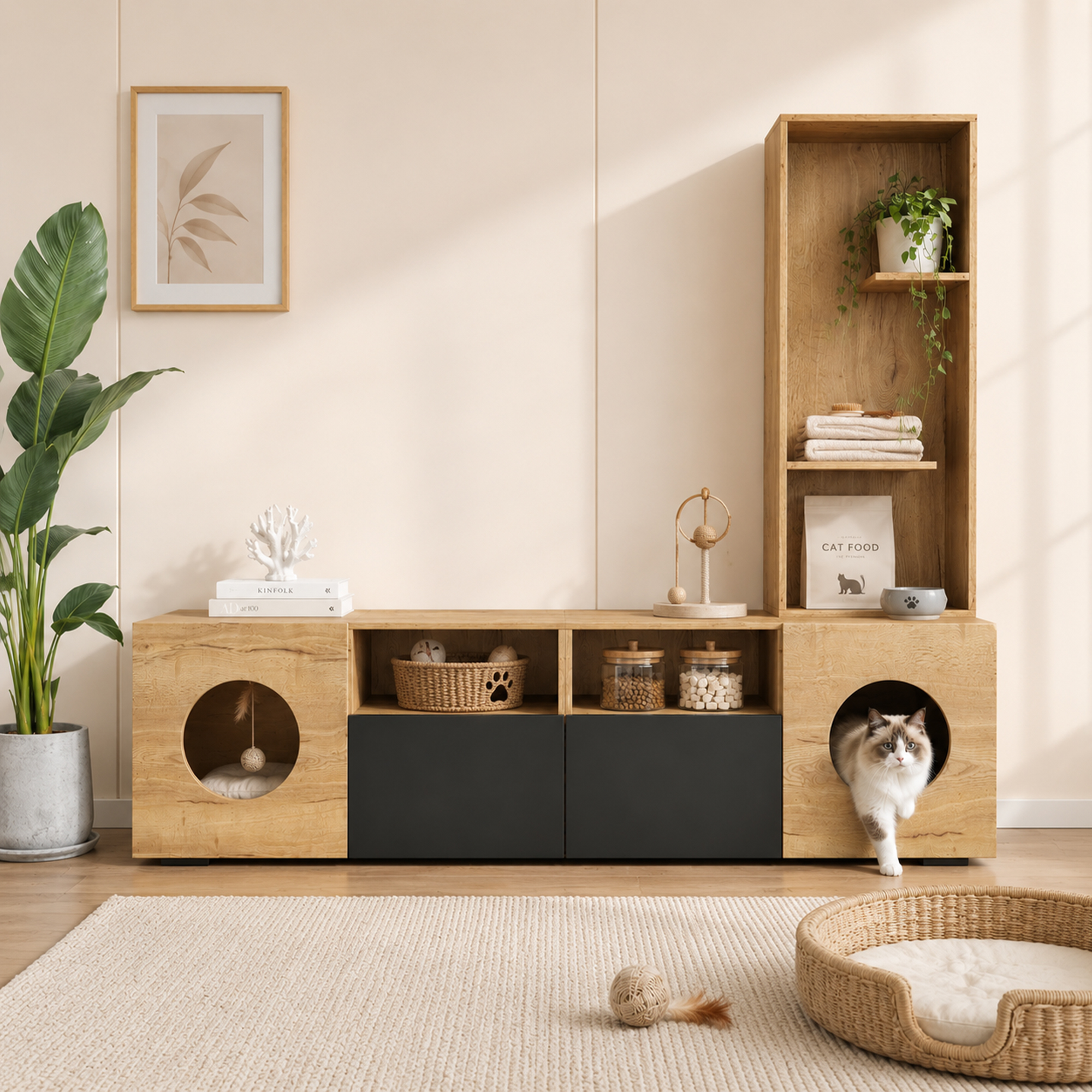 Meuble TV avec espace repos, Buffet TV moderne en bois massif noir et naturel, Étagère haute et rangement complet