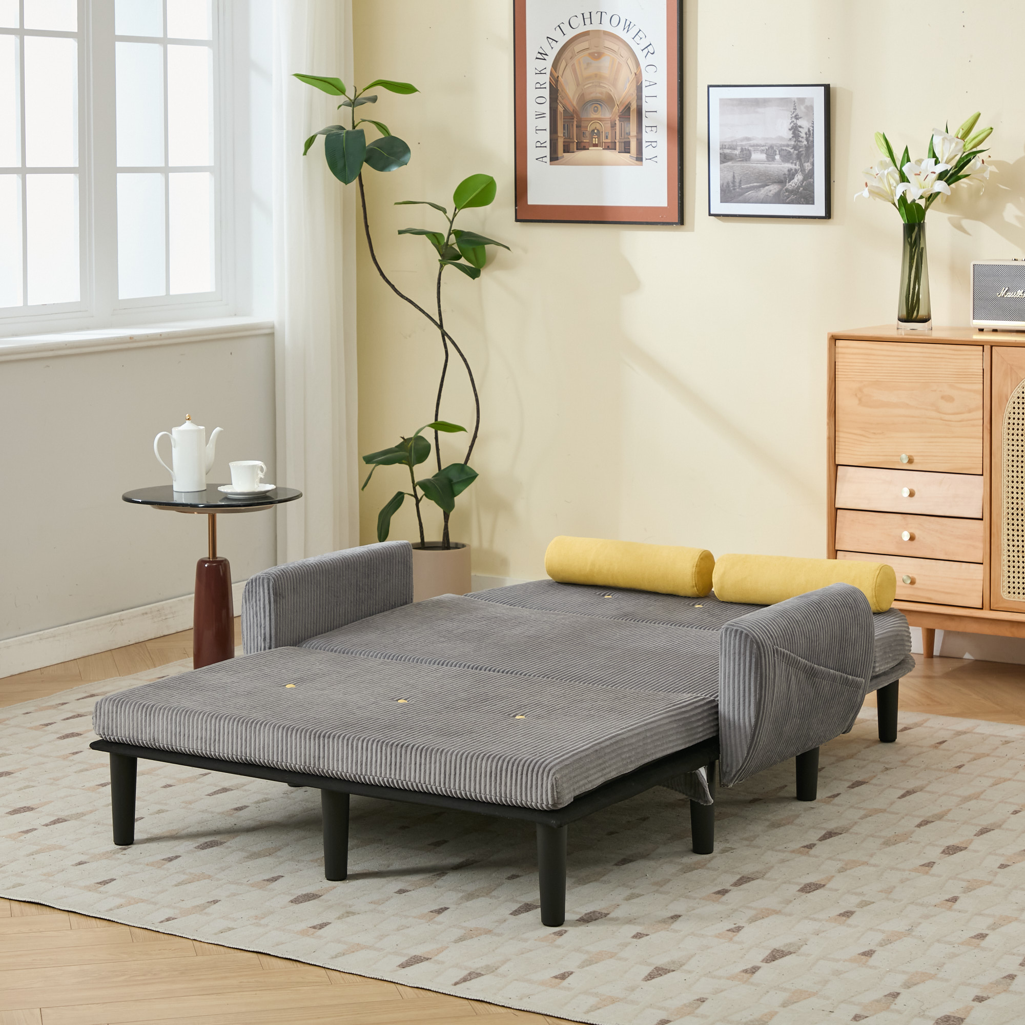 Fauteuil relax gris en velours côtelé sur cadre métallique robuste, rembourrage en mousse haute densité avec deux coussins inclus