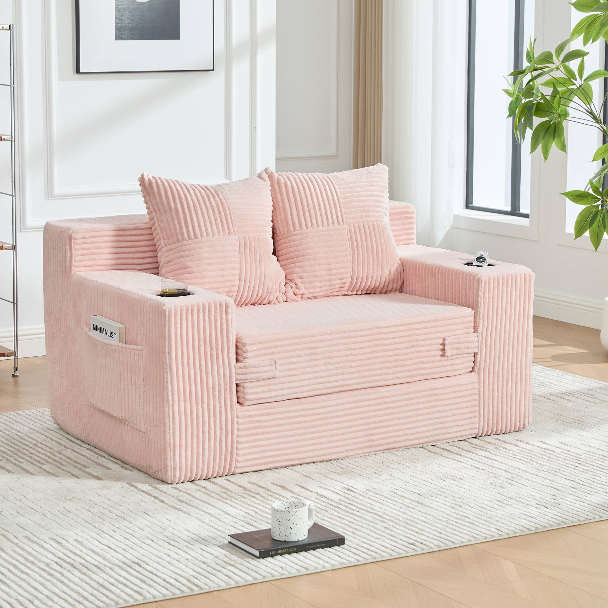 Petit Canapé Salon Stockage Latéral, Canapé Droit Moderne Couleur Rose Avec Coussins et Porte-Gobelet Intégré