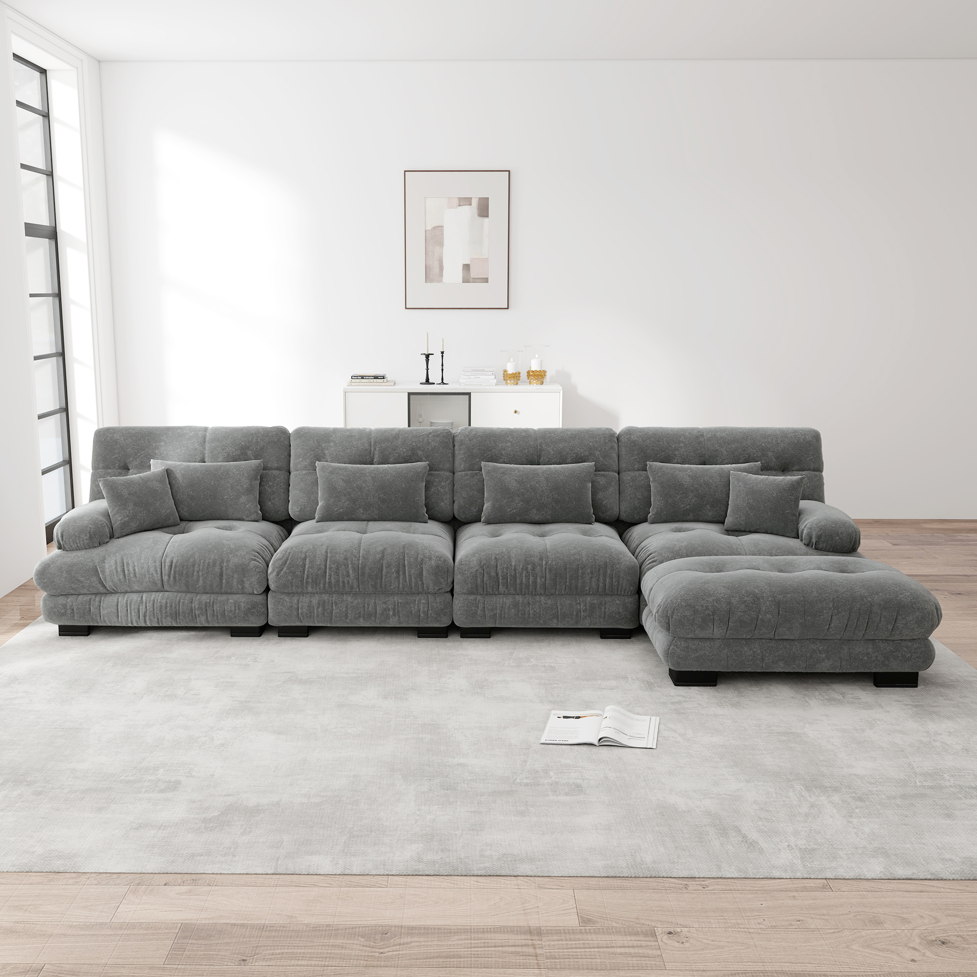 Canapé d'angle 4 places en chenille gris avec accoudoirs ronds rembourrés et coussins inclus