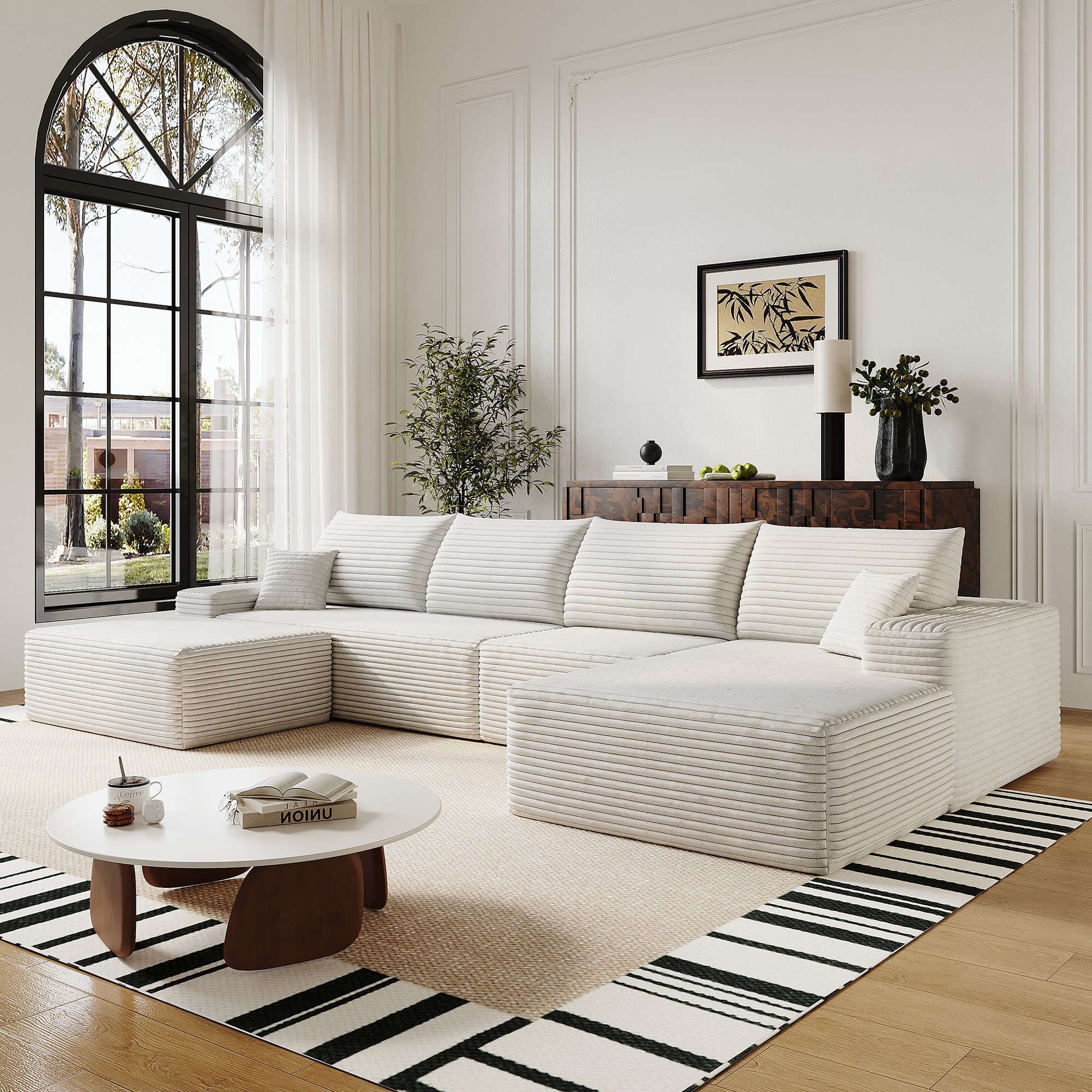 Canapé d'angle blanc 340x175 cm en tissu velours côtelé, structure modulaire avec méridienne et assise profonde pour salon