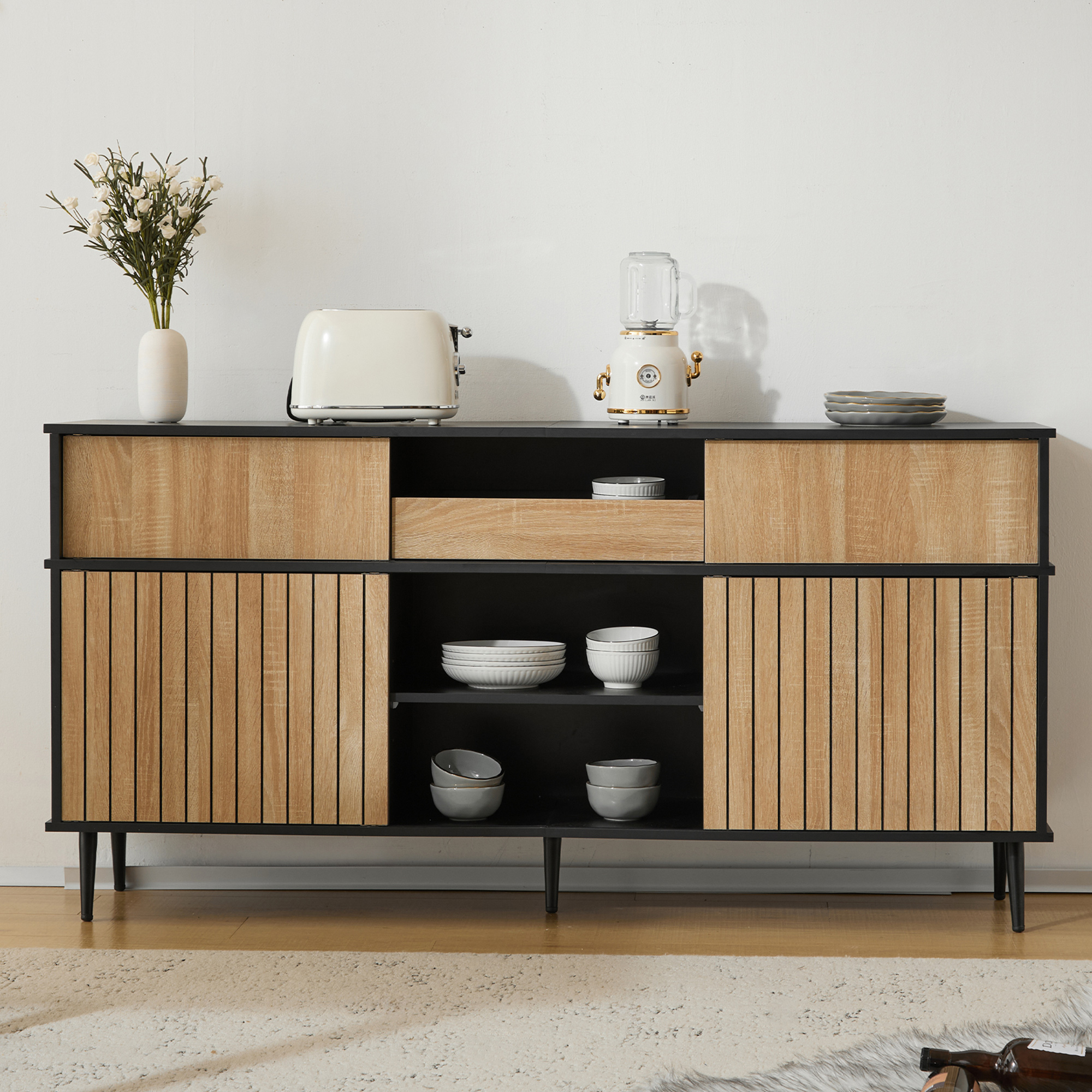 Buffet en Panneau de Particules Effet Chêne et Noir, Structure Stable avec 4 Portes Fines et 1 Tiroir, 160x80 cm