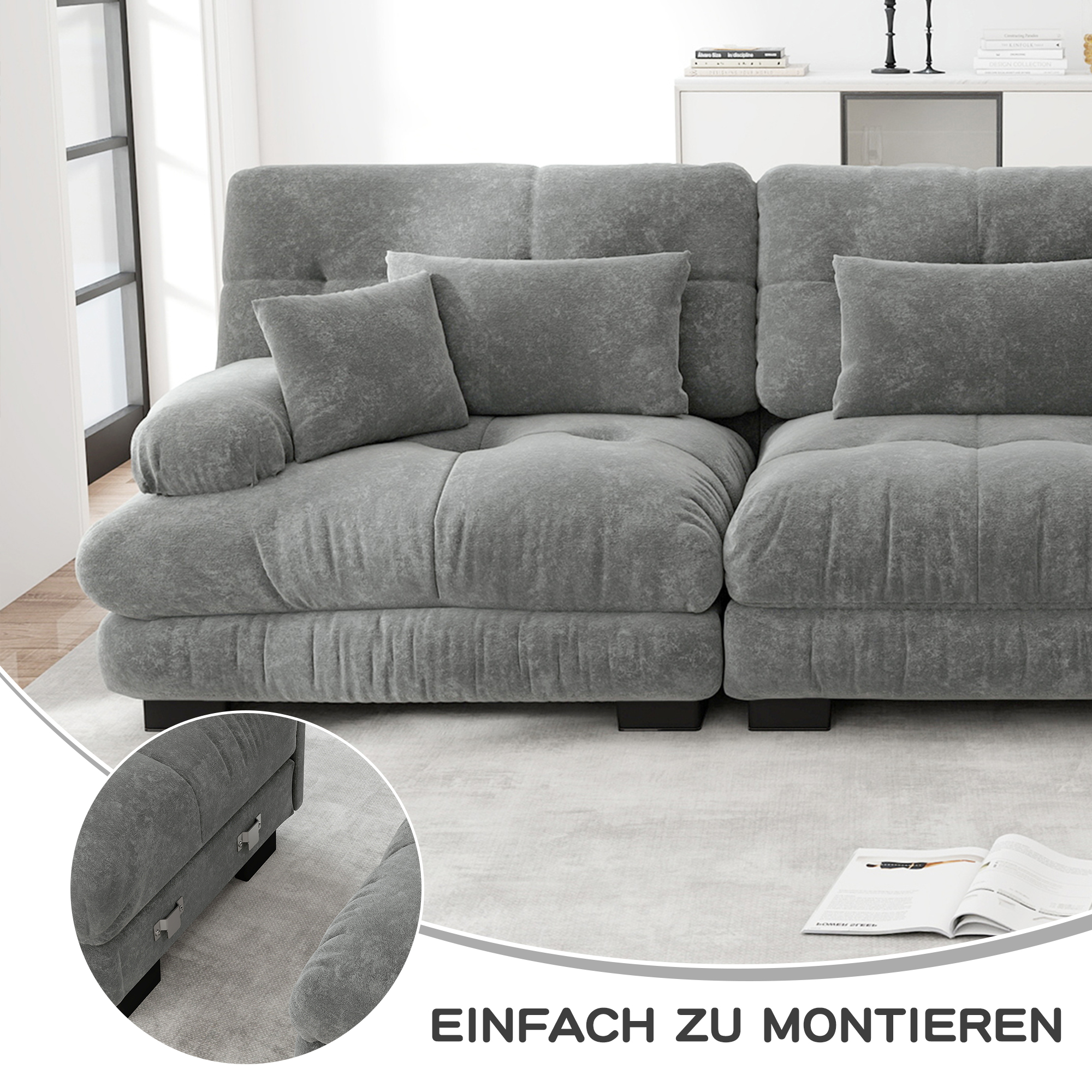 Canapé d'angle 4 places en chenille gris avec ottoman mobile et accoudoirs ronds rembourrés pour salon
