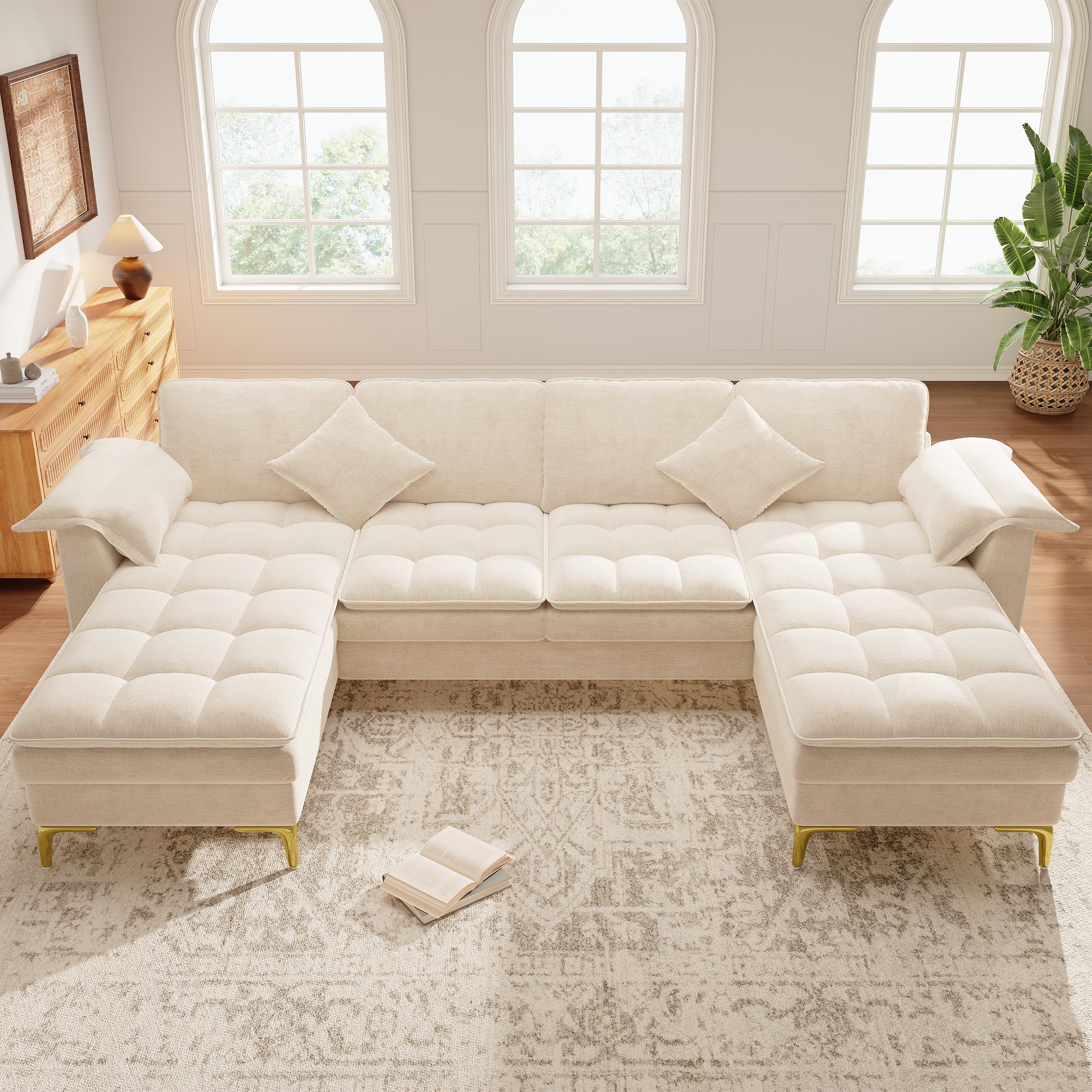 Canapé d'angle en U beige, tissu chenille, 4-5 places avec 2 chaises longues, pieds métal doré, style nuage pour salon moderne