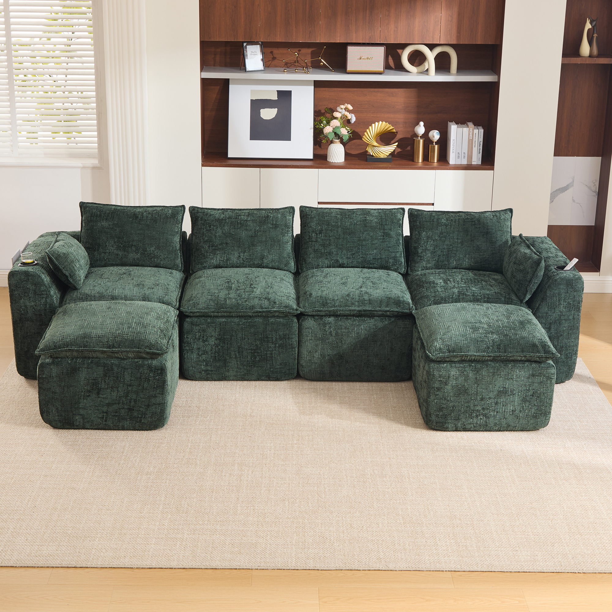 Canapé modulable 4 places en chenille vert foncé avec 2 poufs, 2 poches latérales et coussins