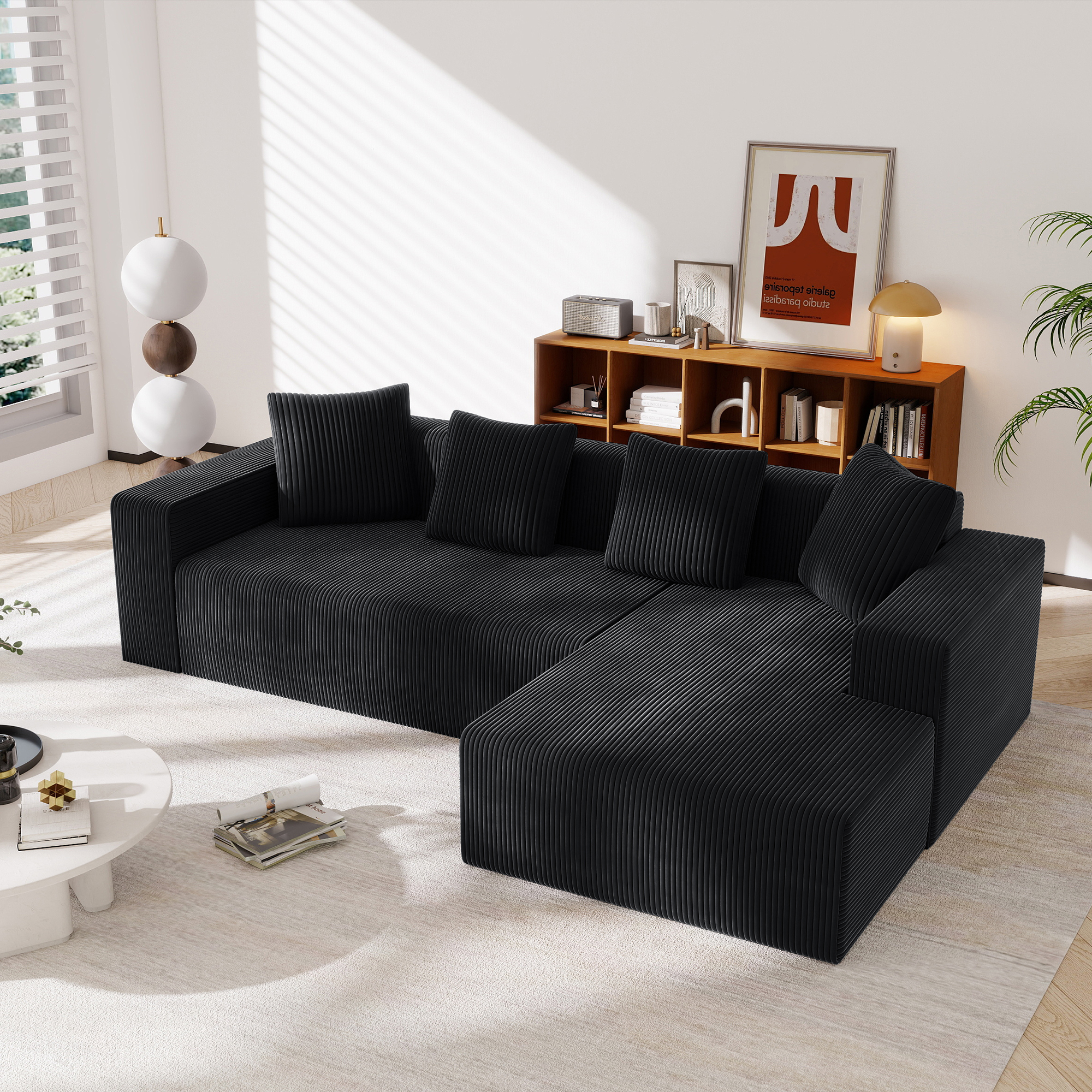 Canapé Modulable d'Angle Noir Velours Côtelé Canapé Cloud Profond Design Salon Moderne
