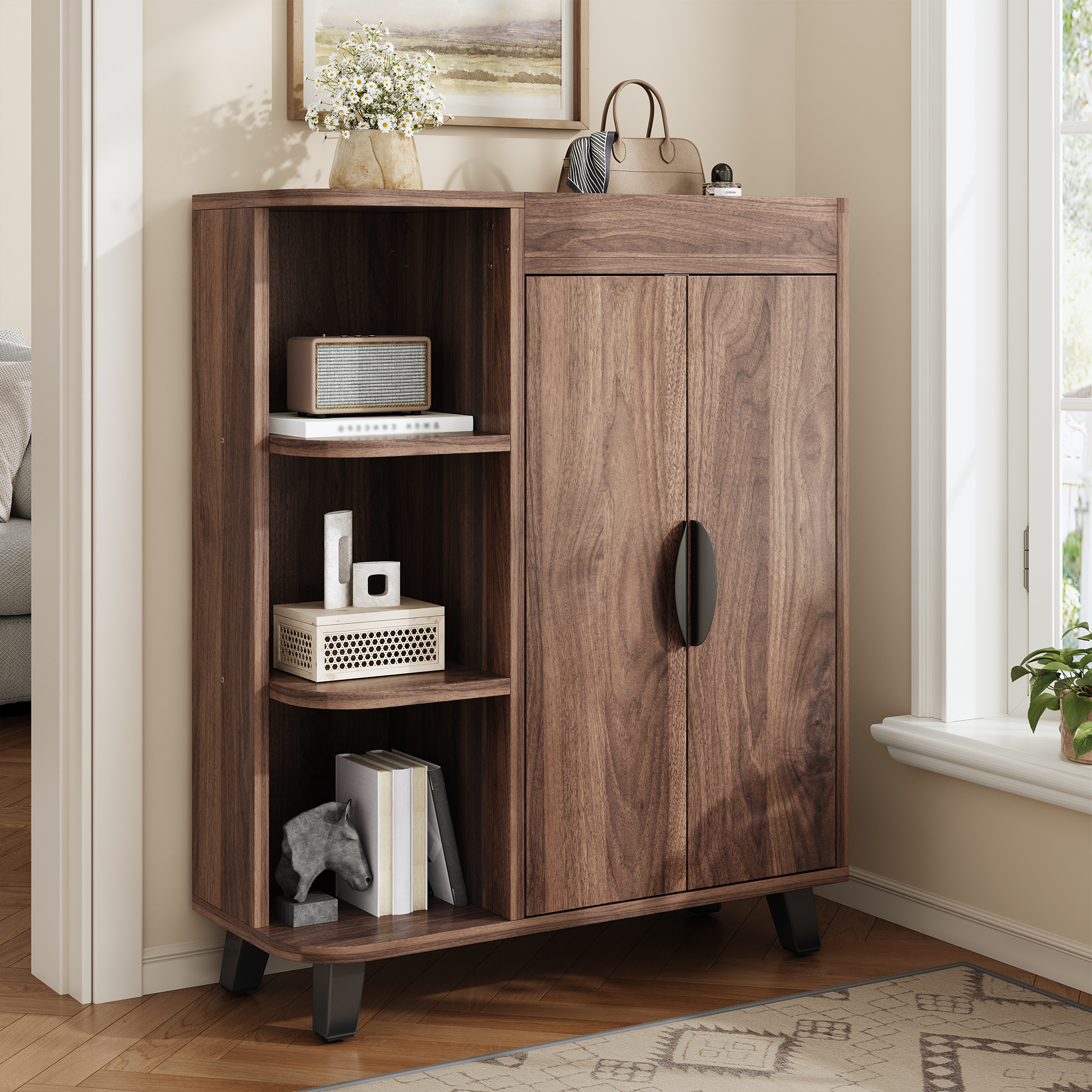 Meuble à chaussures étroit 80x32x99 cm, Meuble de rangement entrée avec portes abattantes et étagères ouvertes, Design Noyer