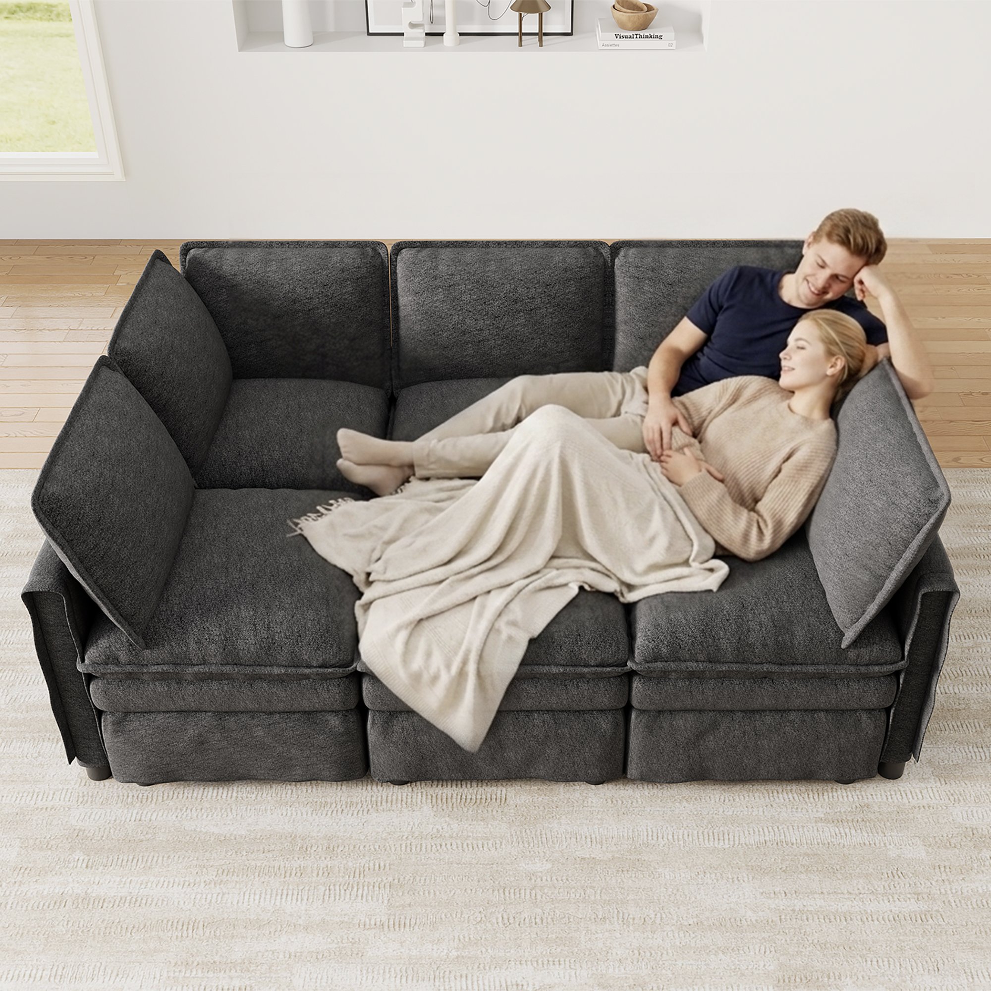 Canapé d'angle modulable XXL gris en chenille, 6 places avec ottoman mobile, design contemporain pour salon et bureau