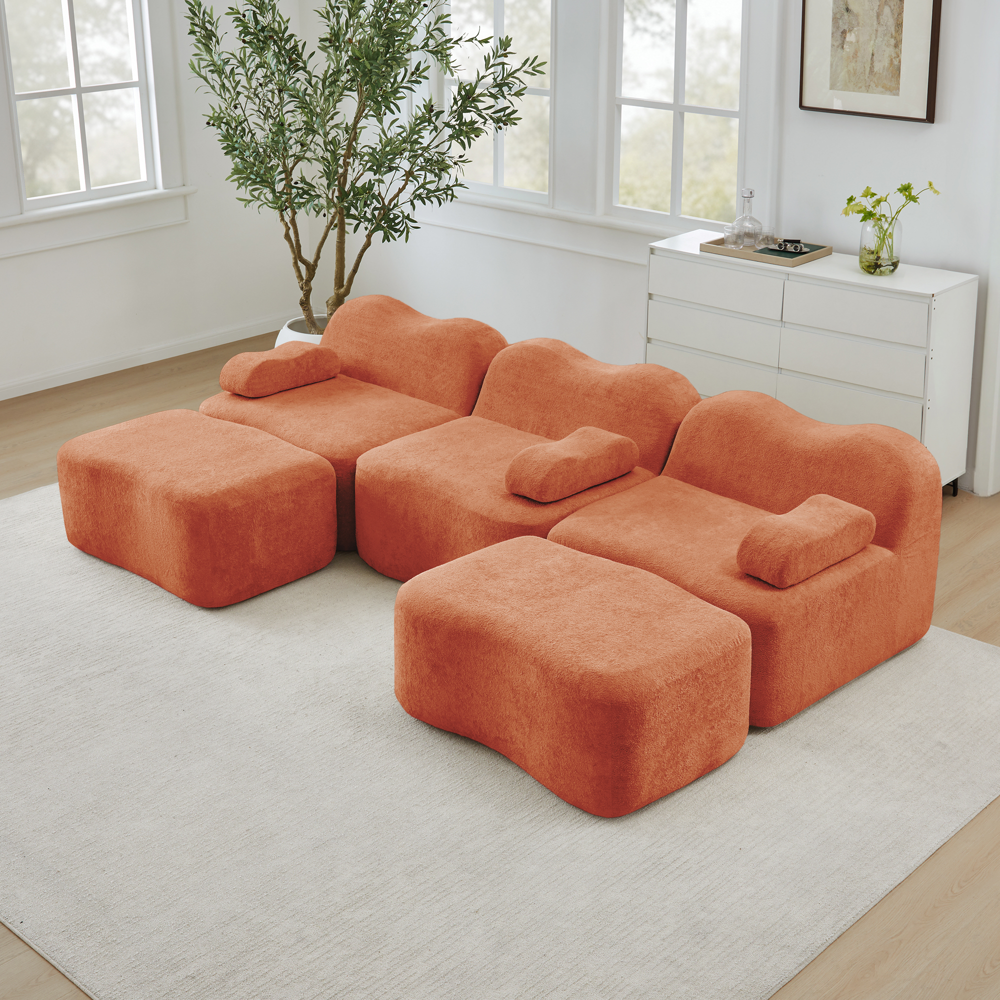 Canapé Modulable 3 Places En U Panoramique Avec Coffre Intégré, Tissu Velours Orange, Design Sans Dossier Pour Salon Moderne