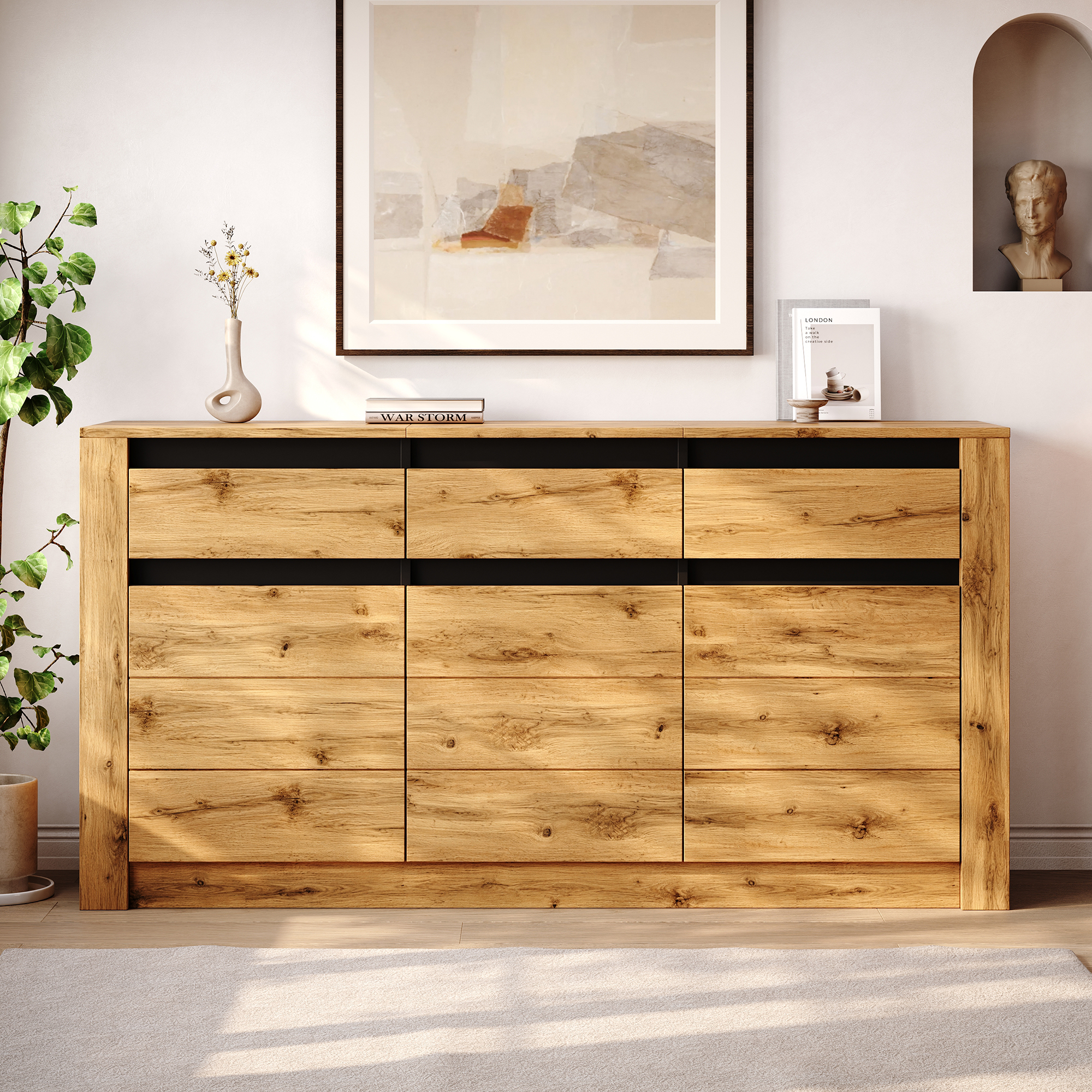 Buffet Moderne 140x35x70cm avec 3 Tiroirs et 3 Compartiments, Meuble de Rangement Salon Bois Naturel Aggloméré
